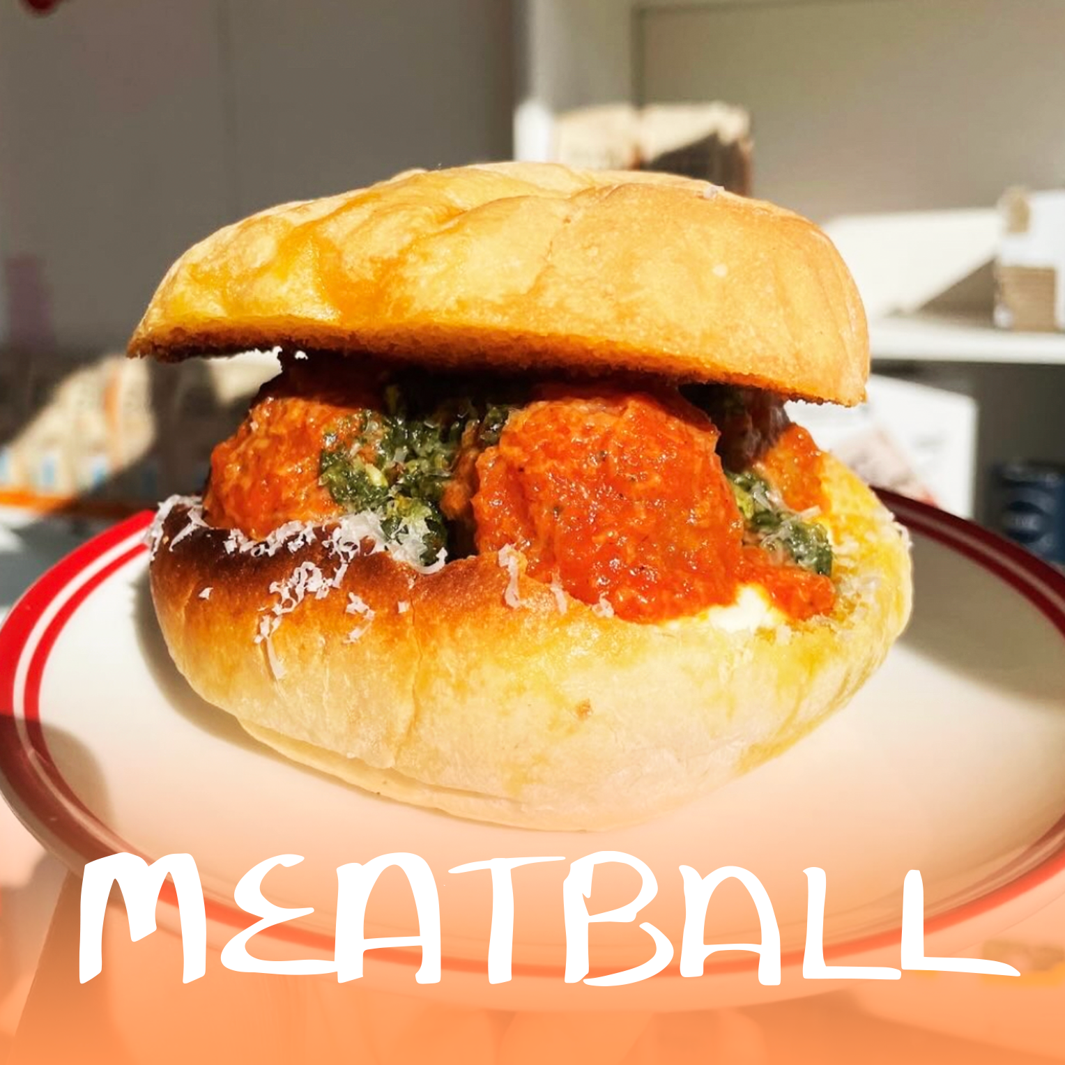Herby Meatballs with Napoli, Bocconcini, Almond Pesto & Parmesan on Panini Roll.
*Meatball contains bread crumbs!