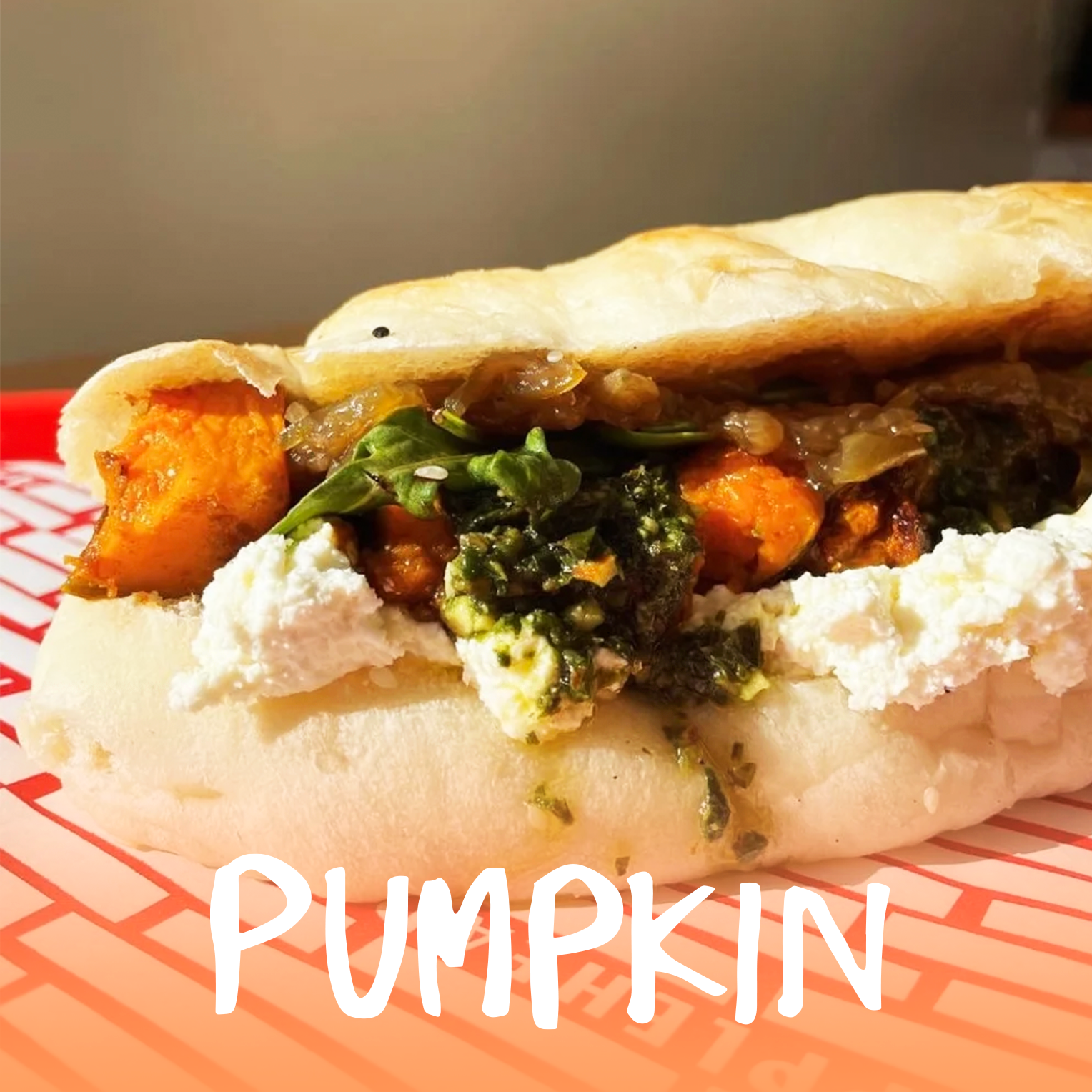 Roasted Pumpkin, Goat’s Cheese, Almond Pesto, Caramelised Onions, Balsamic Glaze & Rocket On Focaccia
