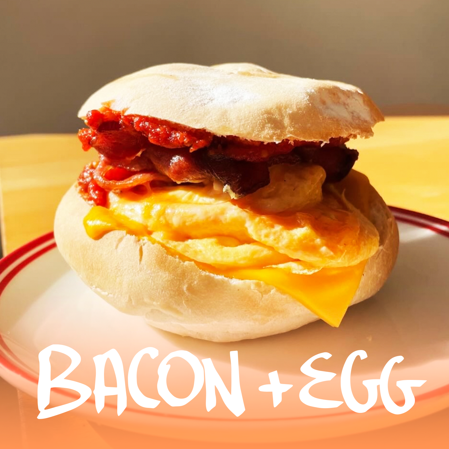 Folded eggs with Bacon on Panini Roll (photographed with tomato relish and cheese as extras!)