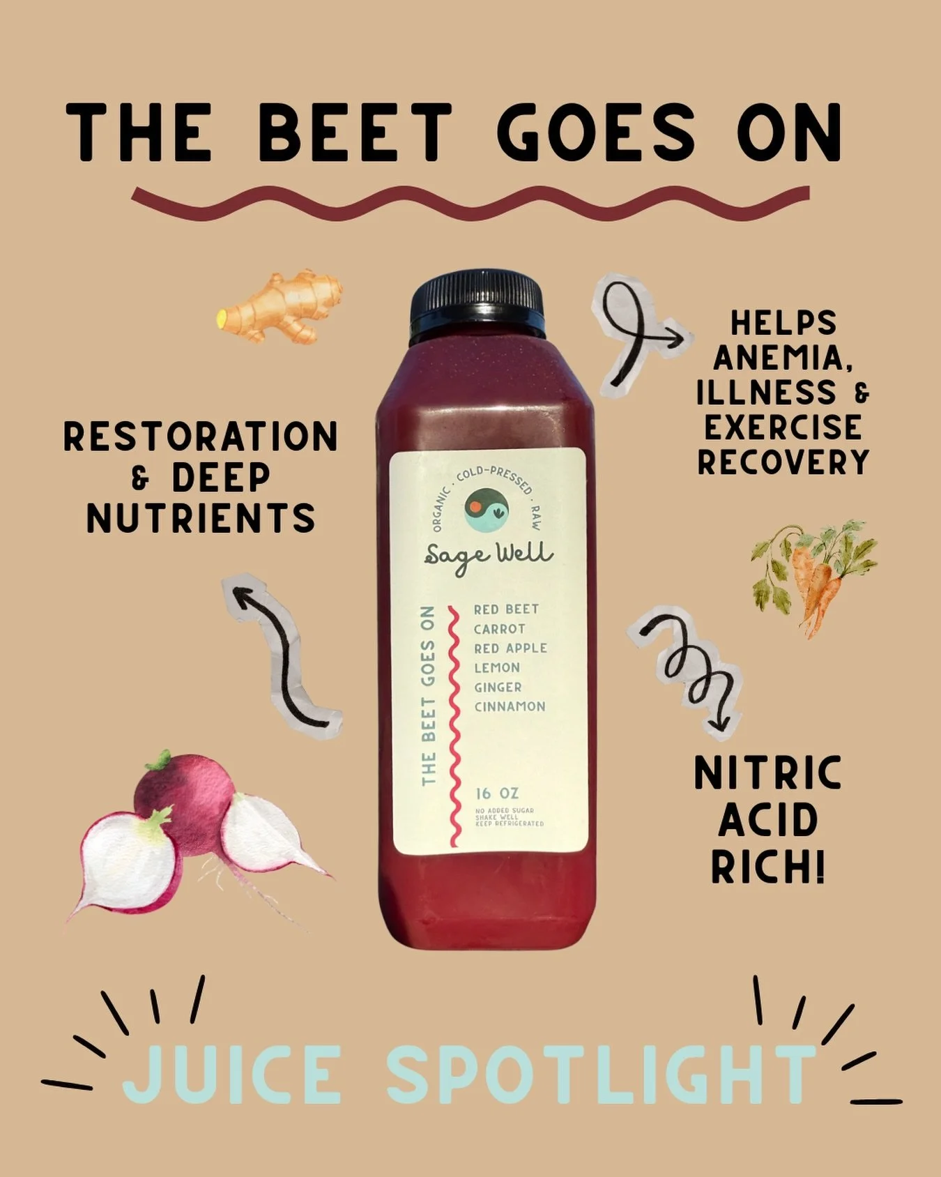 JUICE SPOTLIGHT!!! 

Beet Goes On 🫜
This deep, earthy blend is packed with life force, supporting healthy blood, grounding energy, and full-body restoration.
Perfect for:
&bull; Recovery after workouts
&bull; Rebuilding during illness
&bull; Support