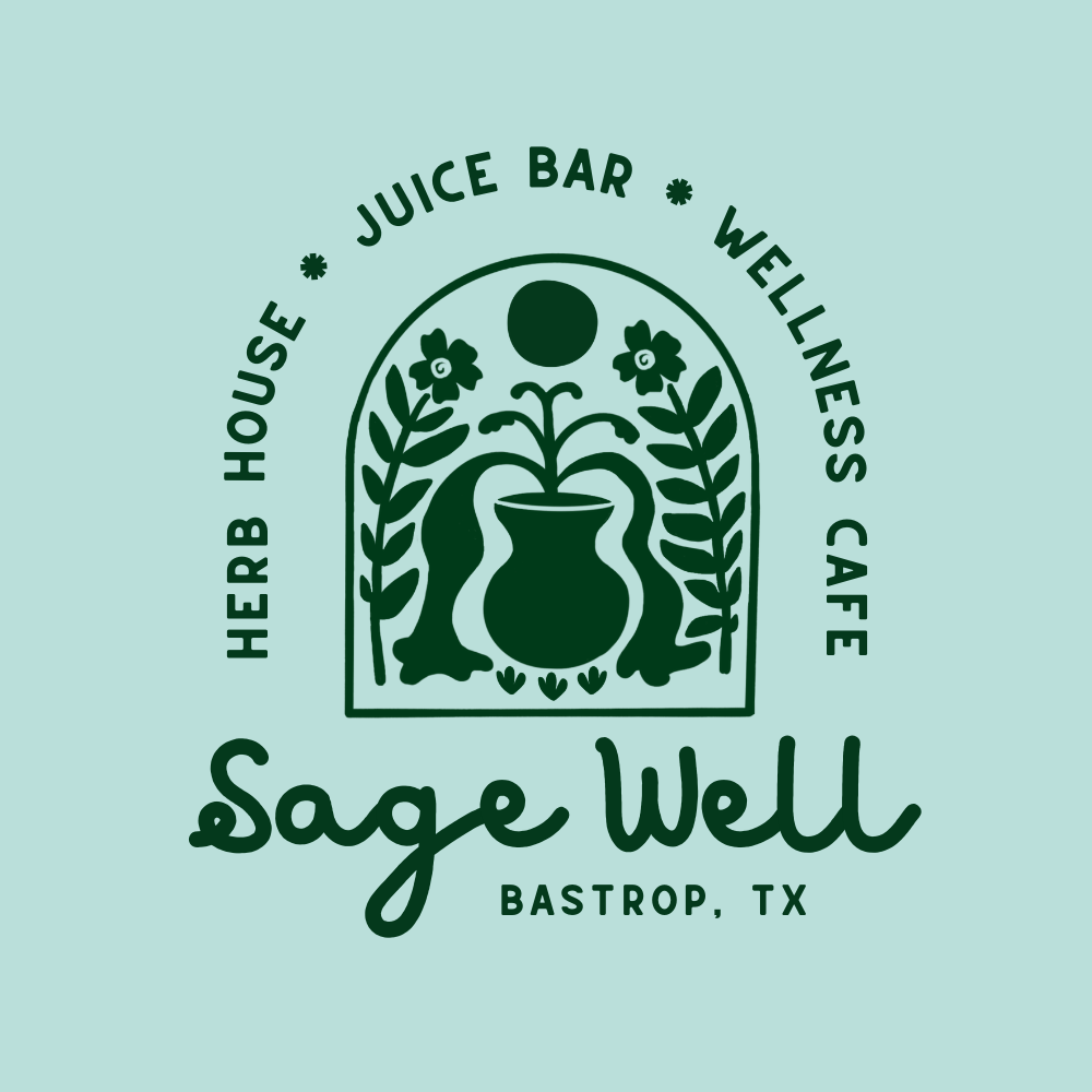 Logo for Sage Well in Bastrop, Texas, featuring a stylized plant with flowers and leaves inside a vase, with surrounding text that includes 'Herb House', 'Juice Bar', 'Wellness Café', and the name 'Sage Well'.