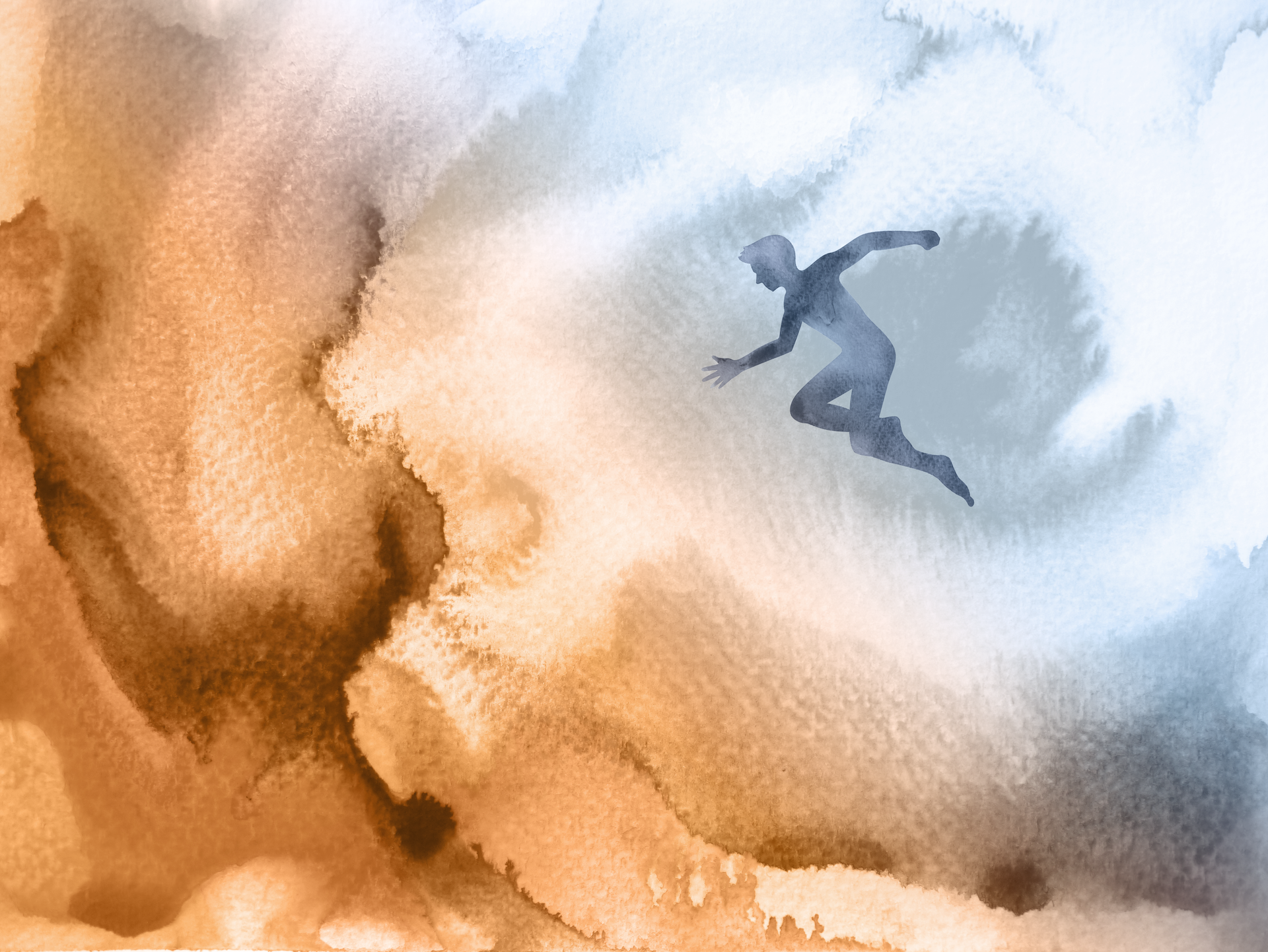 Silhouette of a person surfing a wave in watercolor style with brown and blue tones.