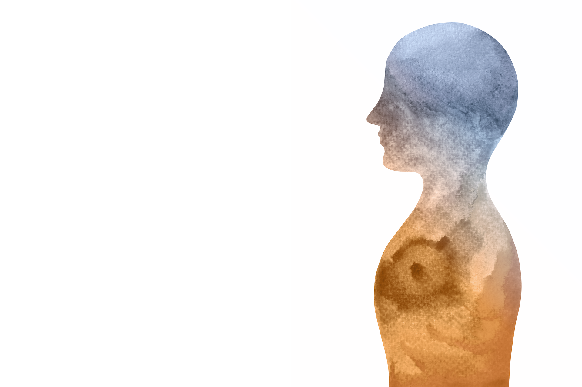 A profile silhouette of a human head and upper body filled with a watercolor texture of blue, gray, and brownish-orange tones.