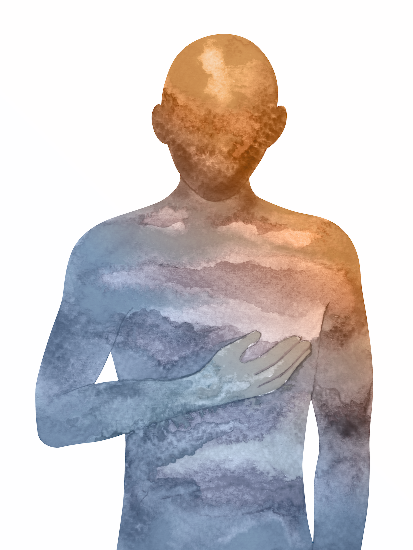 Silhouette of a person with a cloudscape inside, hand on chest.
