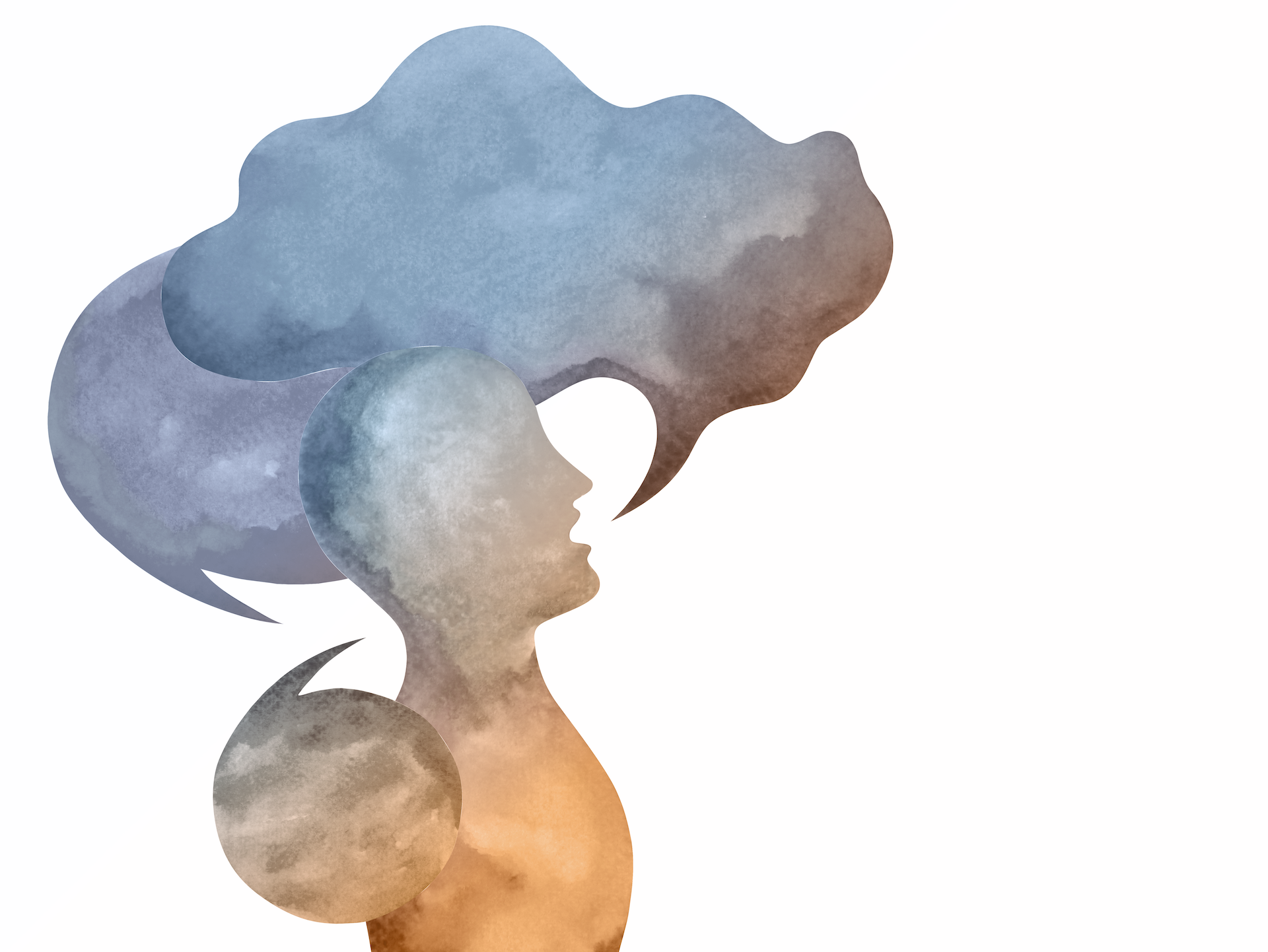 Watercolor illustration of a woman's profile facing right with abstract hair and neck in shades of blue, beige, and brown.