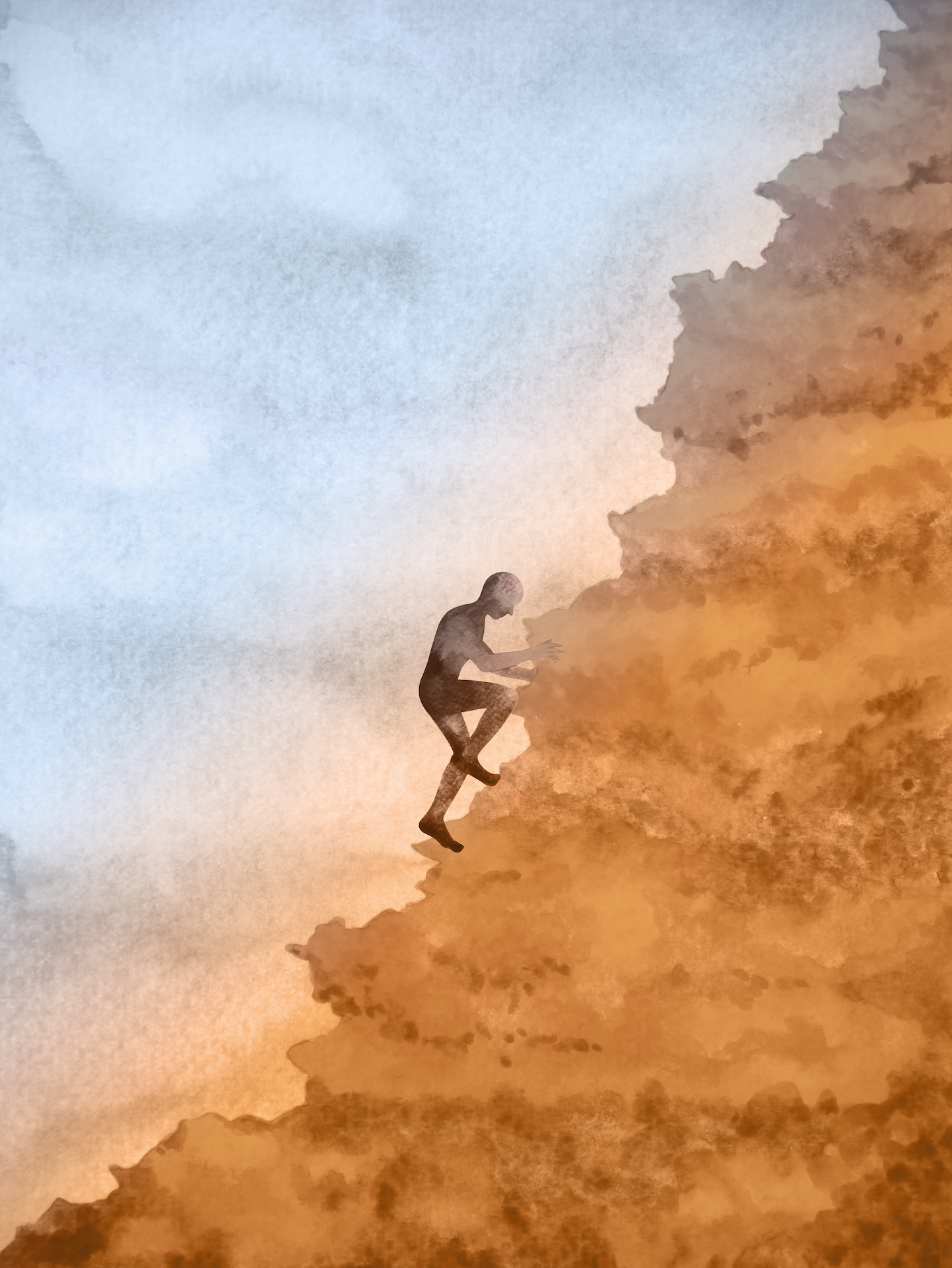 Silhouette of a person climbing a grassy hill during sunset or sunrise.