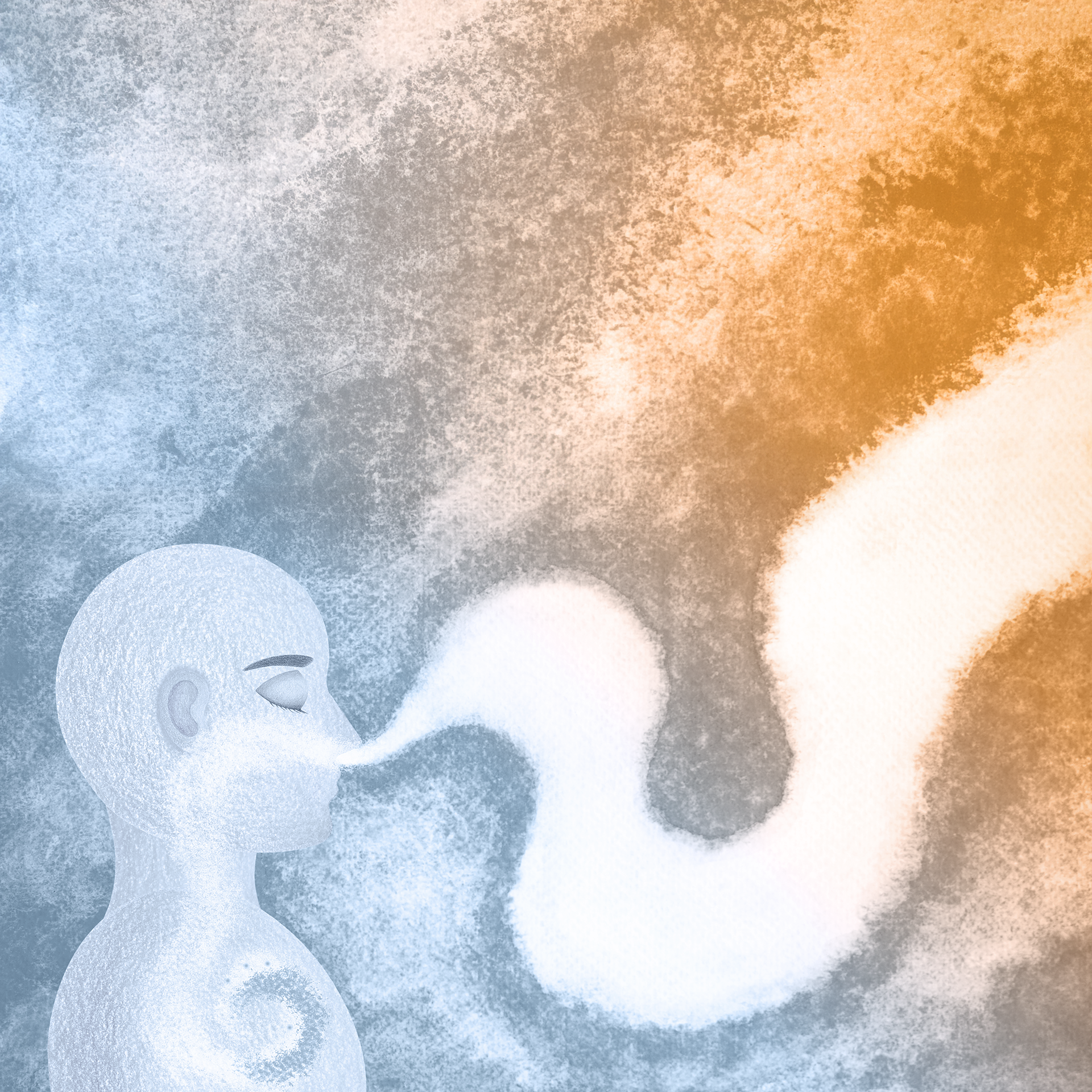 Watercolor painting of person breathing with a background with soft blended colors of white, gray, orange, and blue.