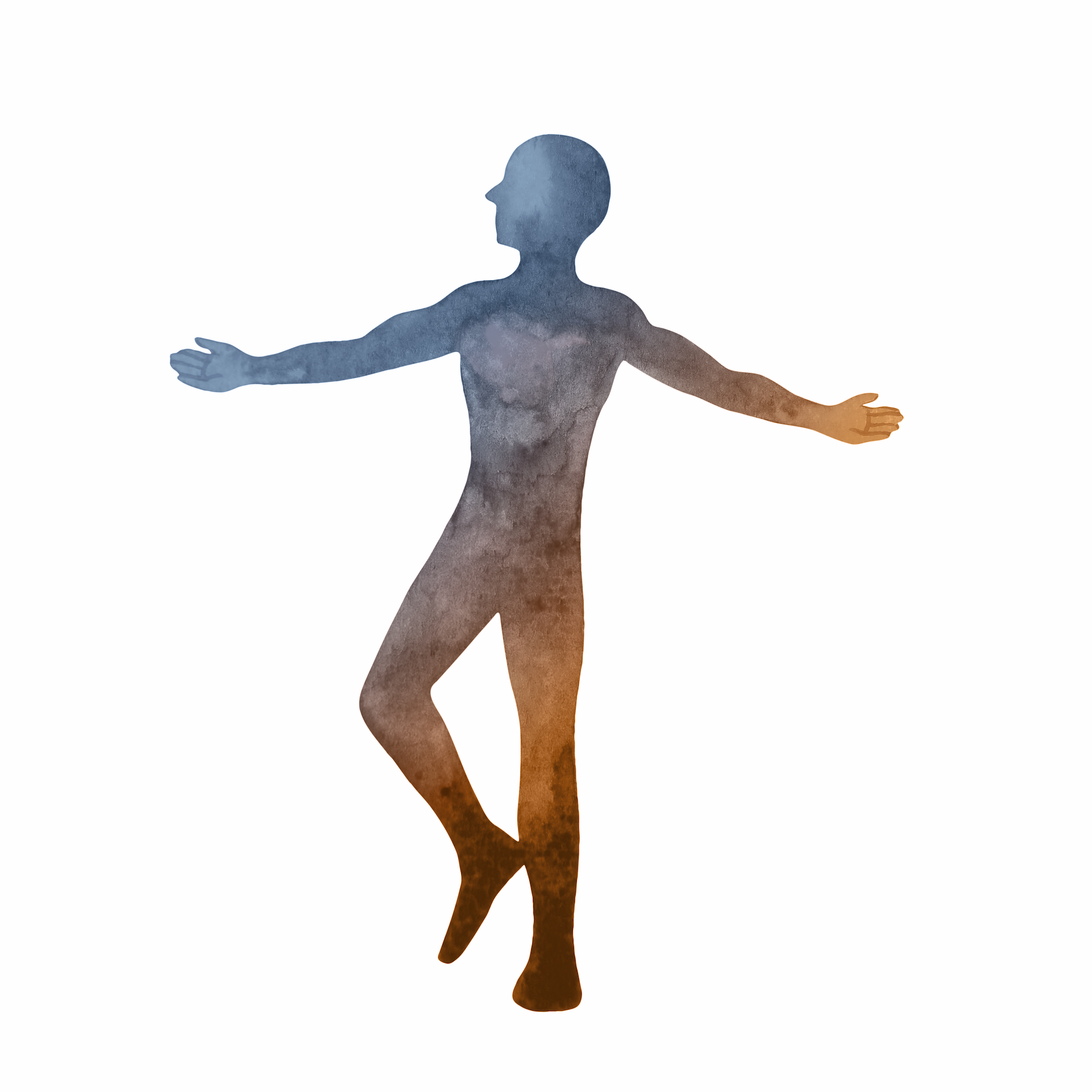 Silhouette of a person with arms outstretched, filled with a watercolor texture in shades of blue, brown, and orange.