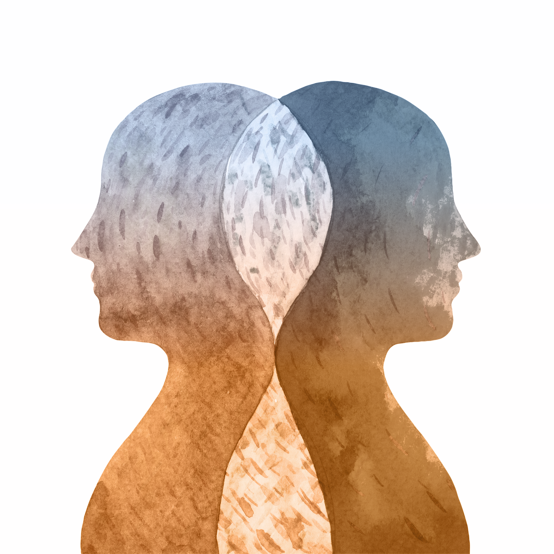 Watercolor illustration of overlapping silhouetted human heads in various shades of brown, beige, gray, and dark blue, creating a layered profile design.