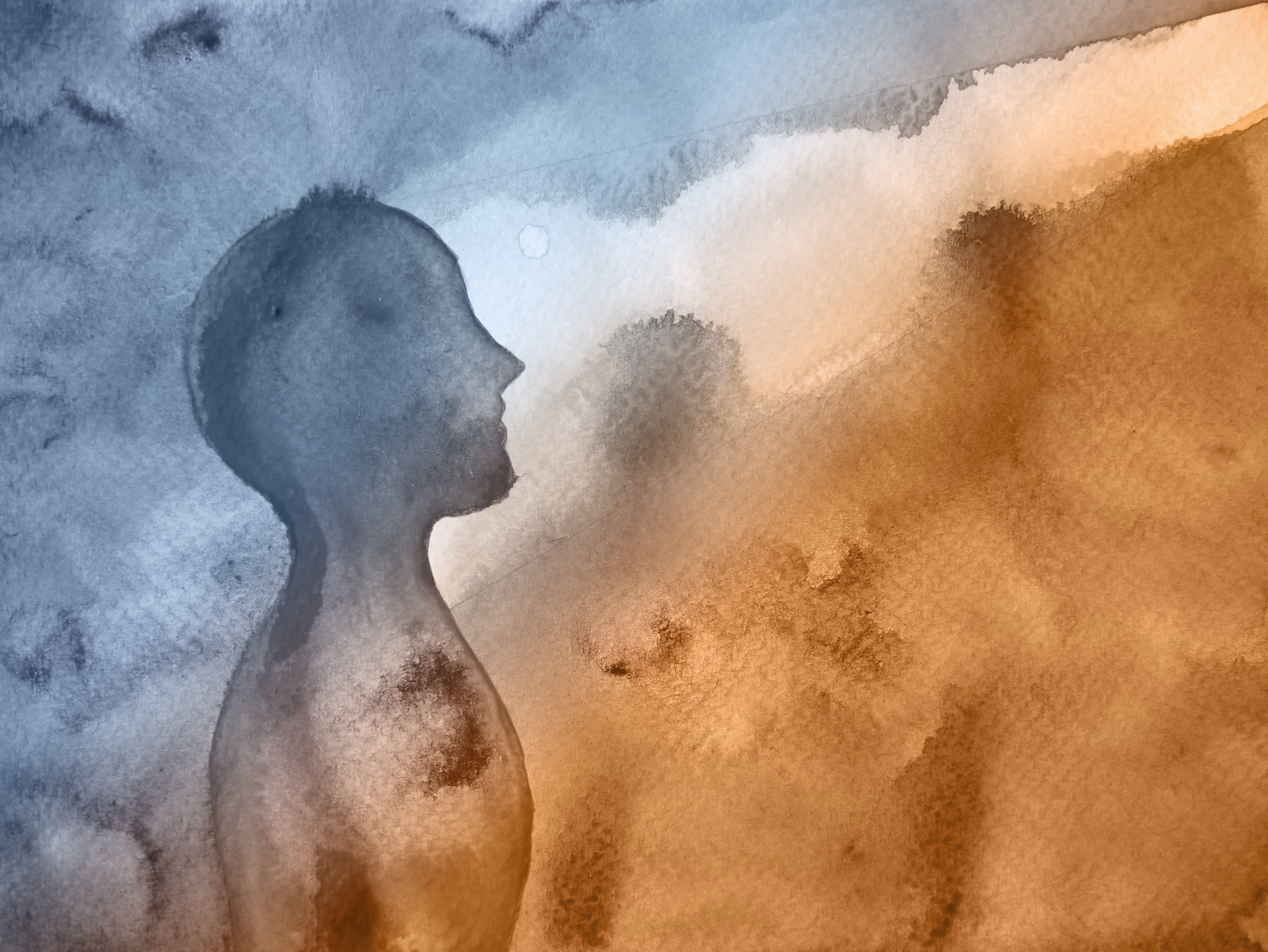 Watercolor painting of a person's side profile facing left, with hair in a bun, in shades of blue and beige, with abstract background.