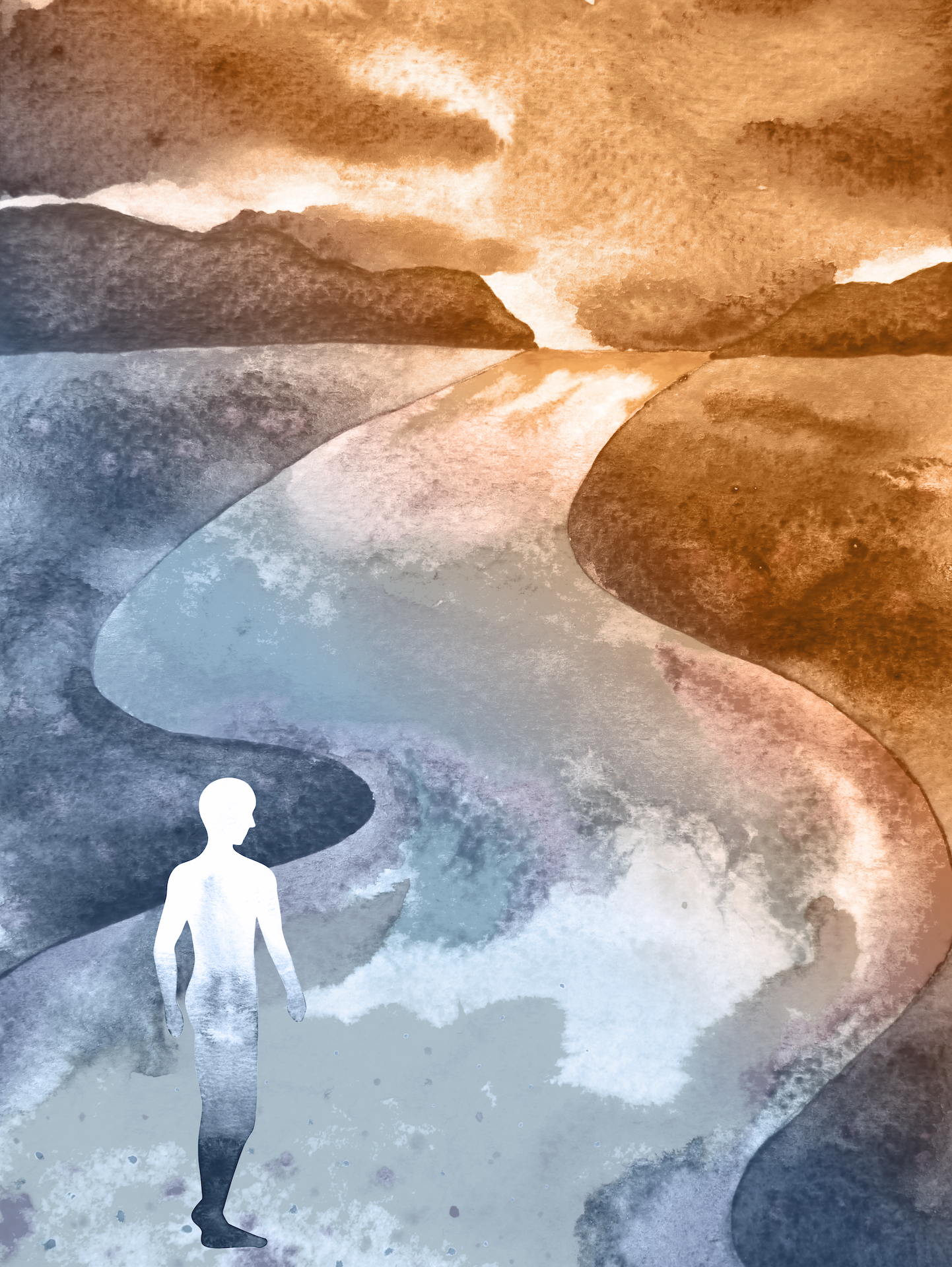 Silhouette of a person standing on a beach with waves and rocky cliffs in the background, illustrated in watercolor style.