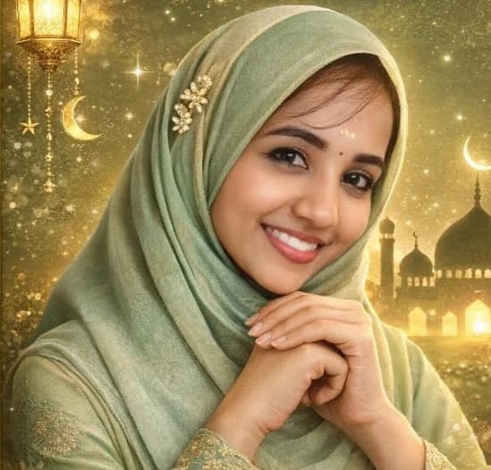 Malay female student holding her hands together and smile