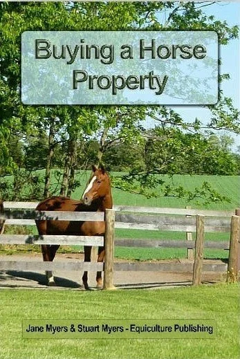 A horse standing in a fenced pasture with a large sign that says 'Buying a Horse Property' and a book titled 'Jane Myers & Stuart Myers - Equiculture Publishing' at the bottom.