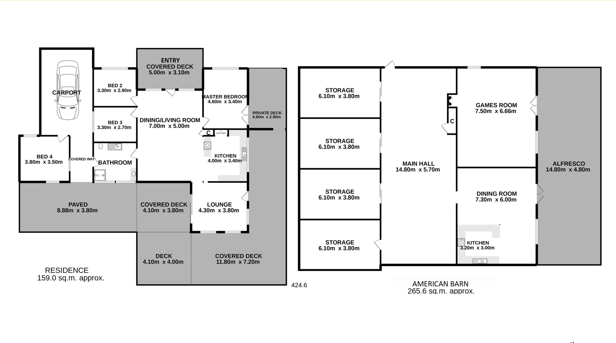 Floor plan of a residence and a separate American barn, showing rooms and outdoor areas with dimensions labeled.