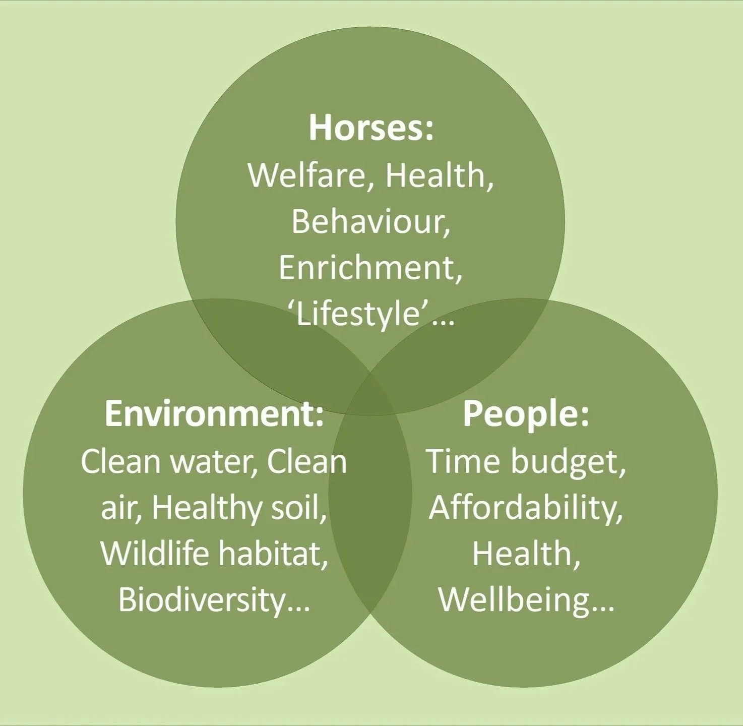 A Venn diagram with three overlapping circles labeled 'Horses,' 'Environment,' and 'People,' each containing related points about welfare, health, environment, and wellbeing.