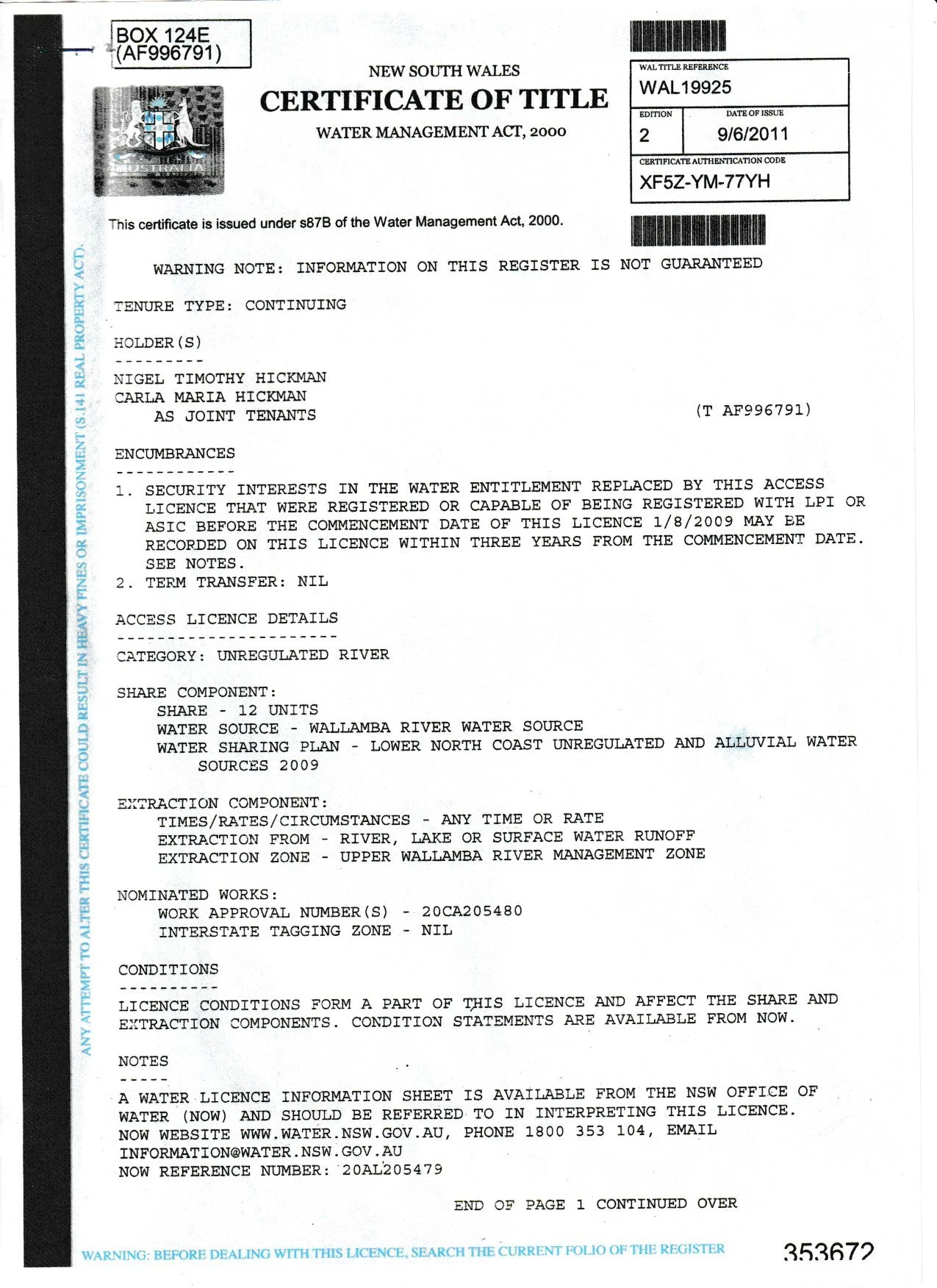 Image of a water management certificate issued by New South Wales, Australia, for water entitlement and rights, dated September 6, 2011, with official seals, barcodes, and detailed licensing and water source information.