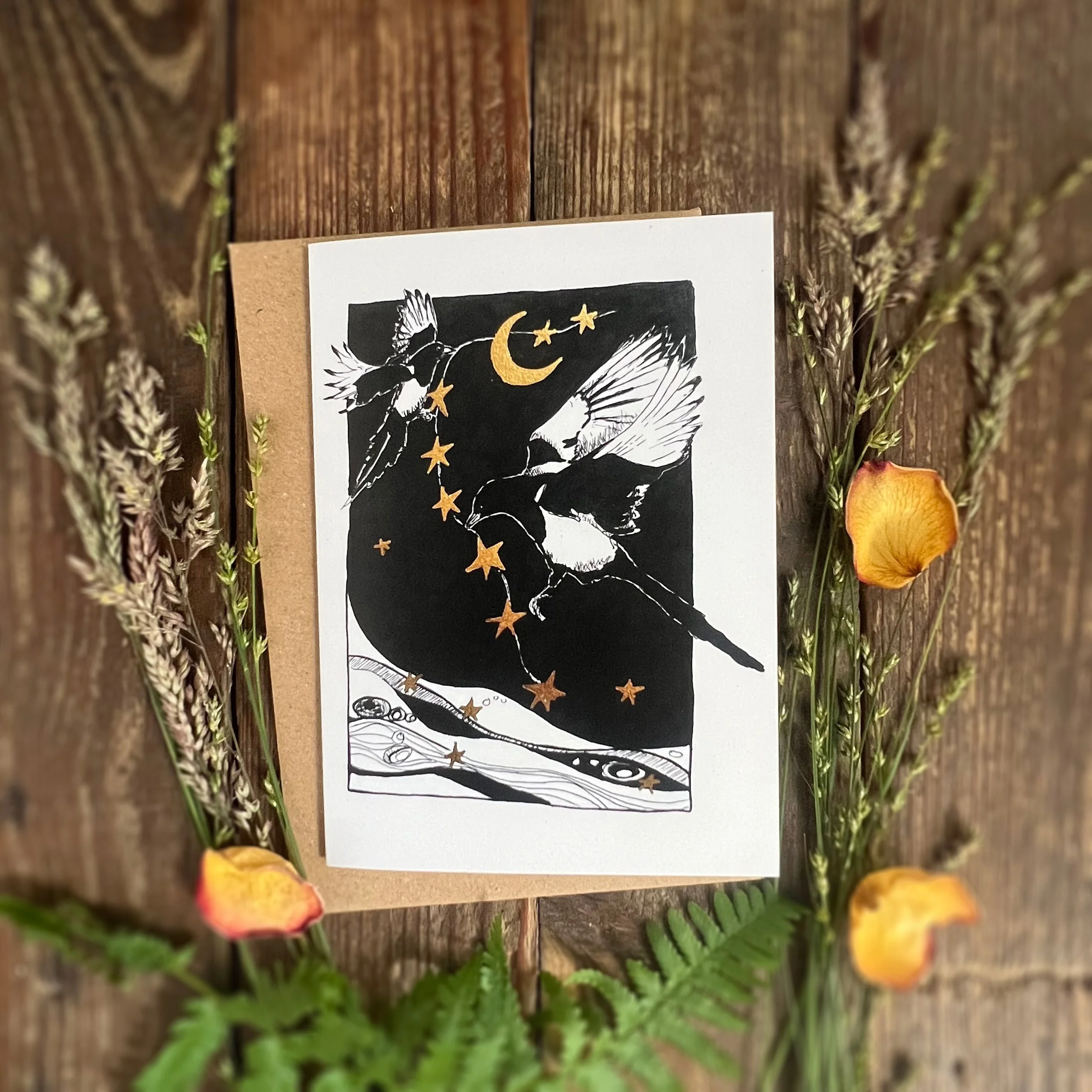 Stealing Stars Magpie Moon Black and white A6 greetings card.jpg