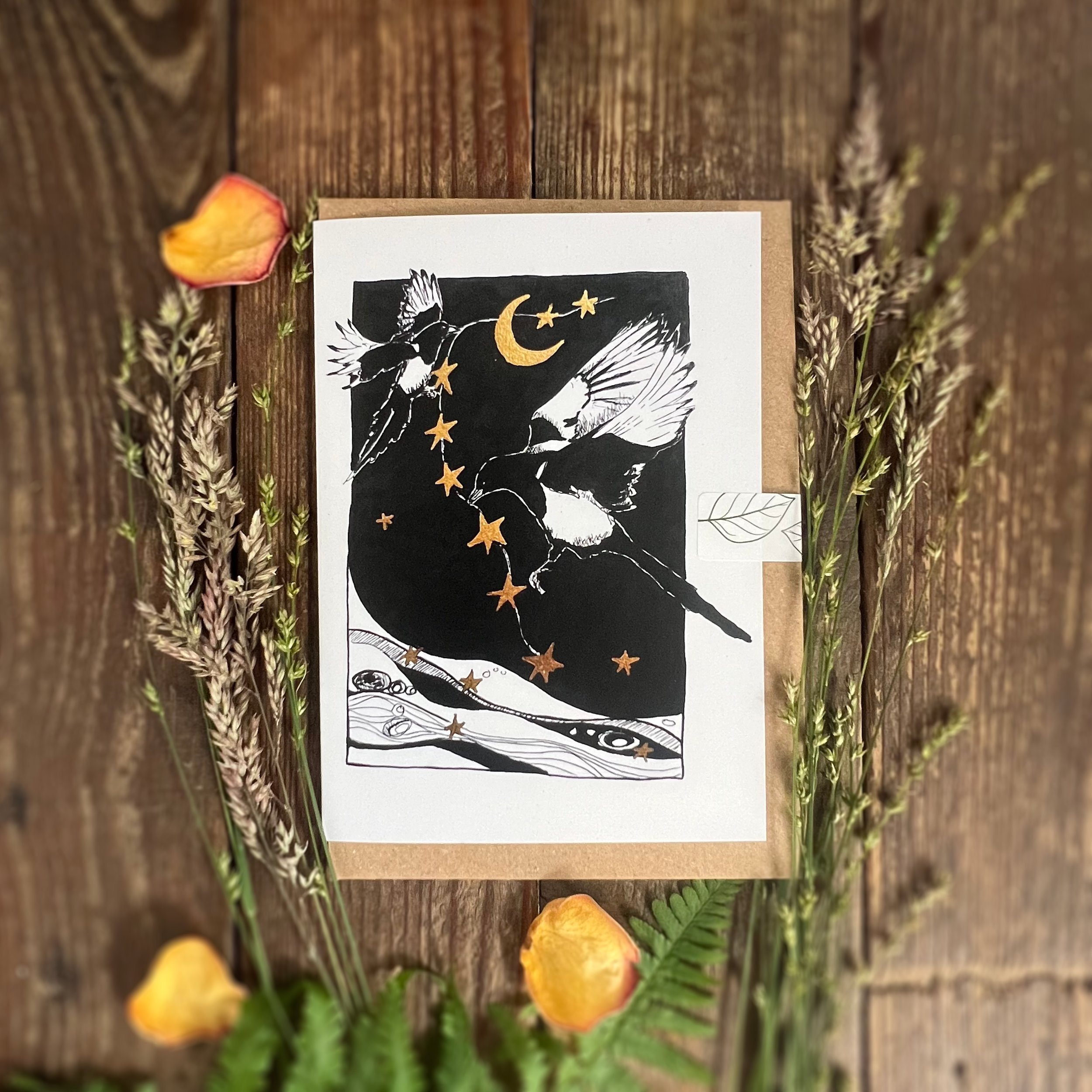 Stealing Stars Magpie Moon Black and white greetings card.jpg
