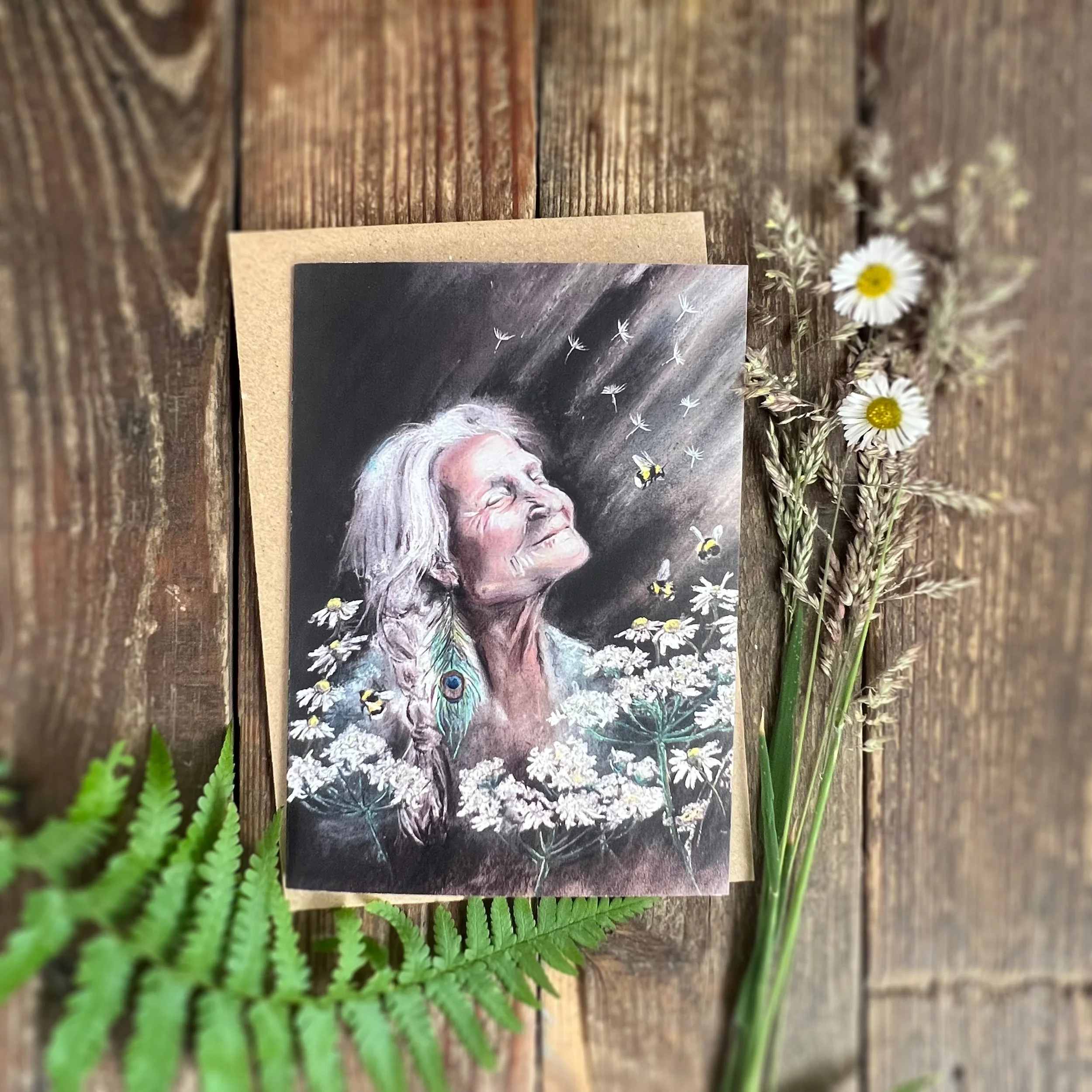 Glow Spring witch bee flowers A6 greetings card.jpg
