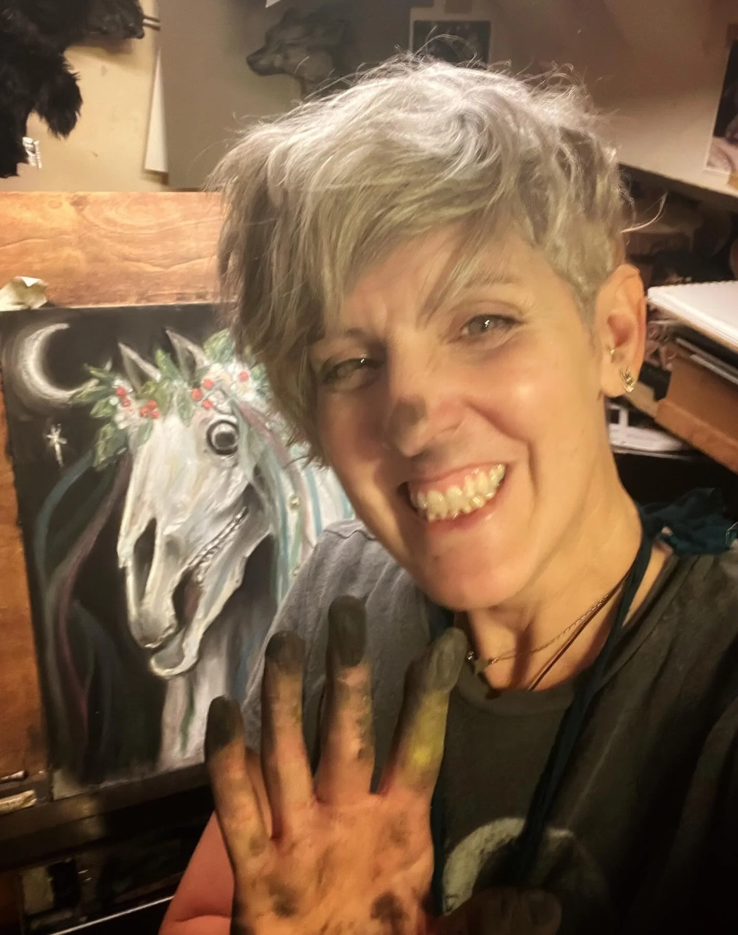 &lsquo;Mari Lwyd&rsquo;
Charcoal and pastel

Drawn with charcoal forged in the hare witch fire &hellip; and pastel &hellip; 

My fingers, hands, elbows and apparently my nose&hellip; 🤣
Definitely not one of those &lsquo;neat&rsquo; organised artists