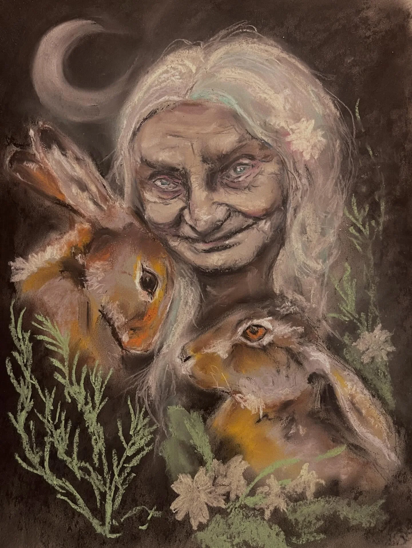 Little by little they appear on my page&hellip; 
With a gentle wisdom in her eyes &hellip;.
The Hare Witch. ✨

In progress &hellip; primroses, lavender and rosemary to add.. 

Can&rsquo;t wait to finish her ✨🌙

#harewitch #hares #witchart #pastelart