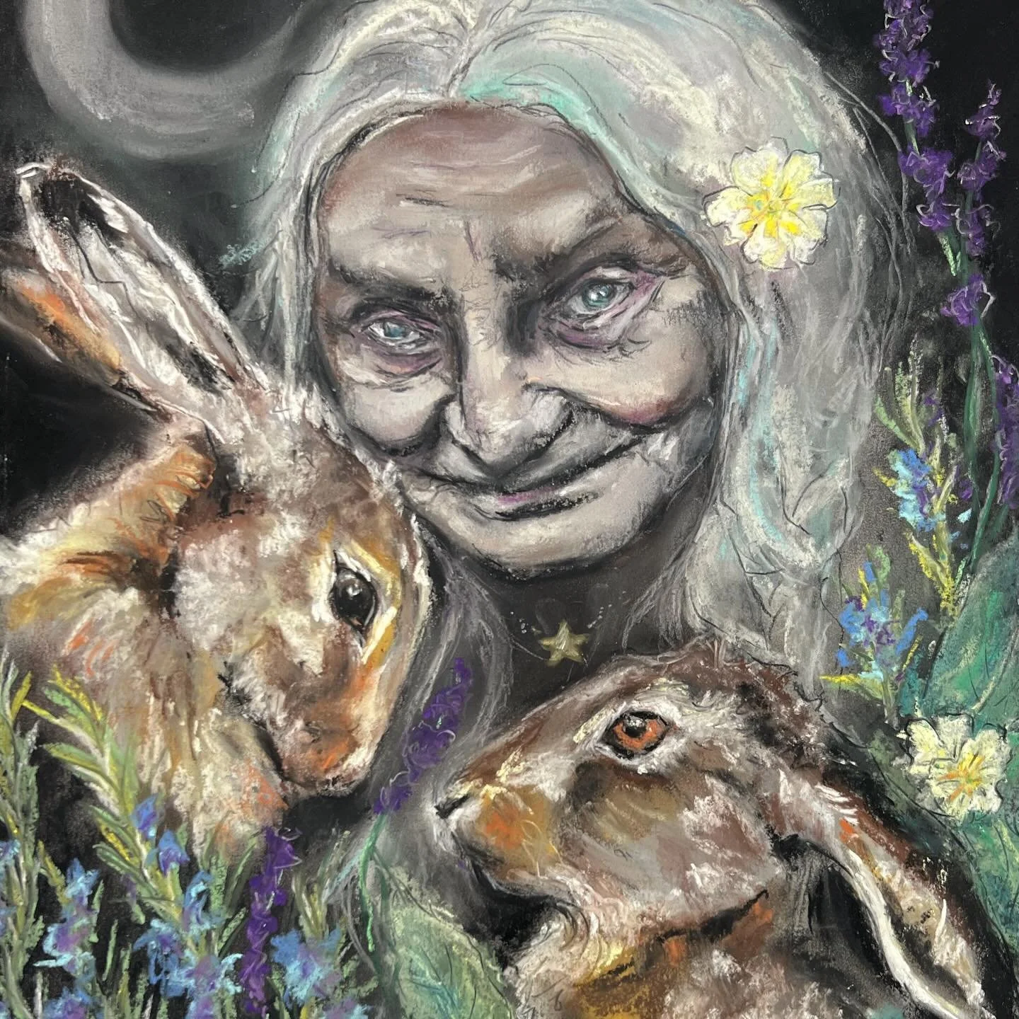 Eyes squinting towards the soft spring sun..
At last.
Primroses turn their buttery faces skyward while bees seek out the crisp scent of Rosemary.
She emerges with her hares from a heavy lidded winter sky..
The first golden rays shine through the bud 