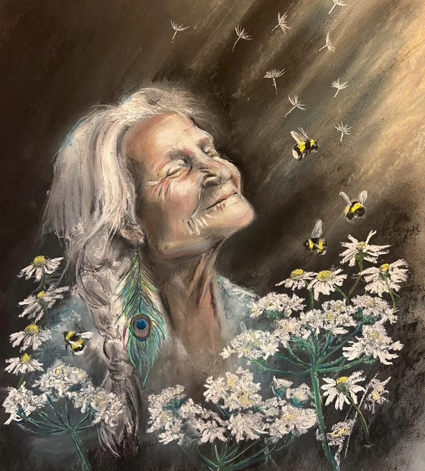 &lsquo;Glow&rsquo; 

Pastel and charcoal forged in the hare witch fire.

Finished today &hellip; 😊 

#pastelartist #grandmother #crone #witchart #summerglow