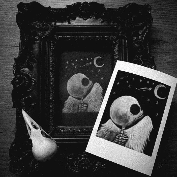 Once upon a time a little winged skellybob arrived on my sketchbook page.

He introduced himself to me as &lsquo;Roger&rsquo;.

He said he held my heart.
He said he could say the things I found tricky.
He said he would make me smile.
He said he would