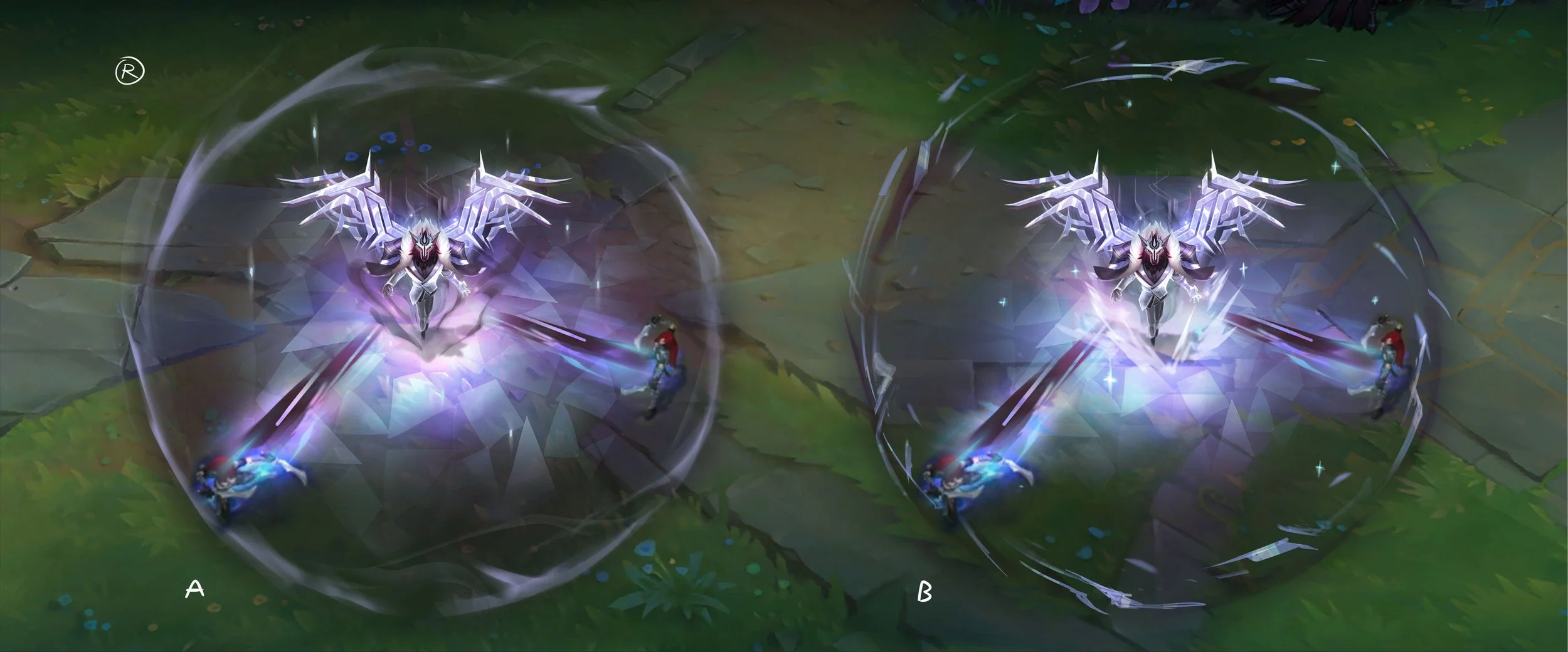 R Ability (Demonic Ascension) VFX Concept - 
Swain transforms into a demon and drains health from nearby enemy champions, minions, and neutral monsters. Swain can cast Demonflare to decimate and slow nearby enemies with a nova of soulfire. This form 