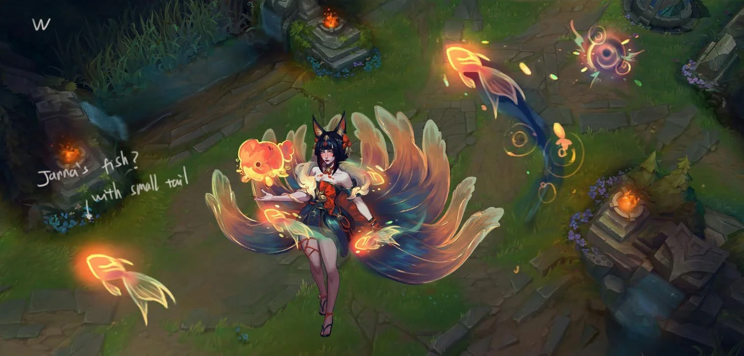 W Ability (Fox-Fire) VFX Concept - Ahri gains a brief burst of Move Speed and releases three goldfish, that lock onto and attack nearby enemies.
