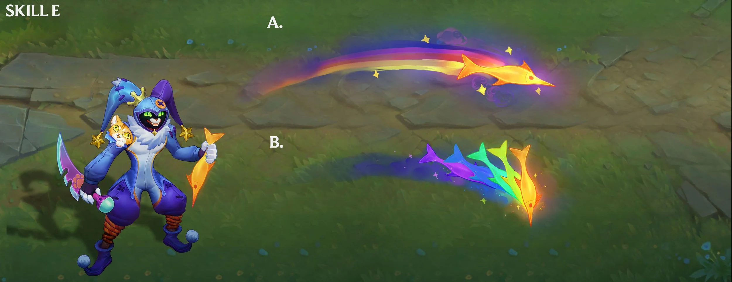 E Ability (Two-Shiv Poison) VFX Concept -  Shaco's Shivs passively poison targets on hit, slowing their Move Speed. He can throw his Shivs to deal damage and poison the target. The thrown Shiv deals bonus damage if the target