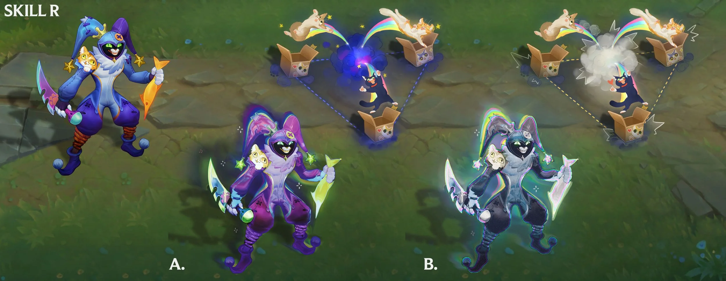 R Ability (Hallucinate) VFX Concept - Shaco creates an illusion of himself near him, which can attack nearby enemies (Deals reduced damage to turrets). Upon death, it explodes, spawning three mini Cat-in-the-Boxes