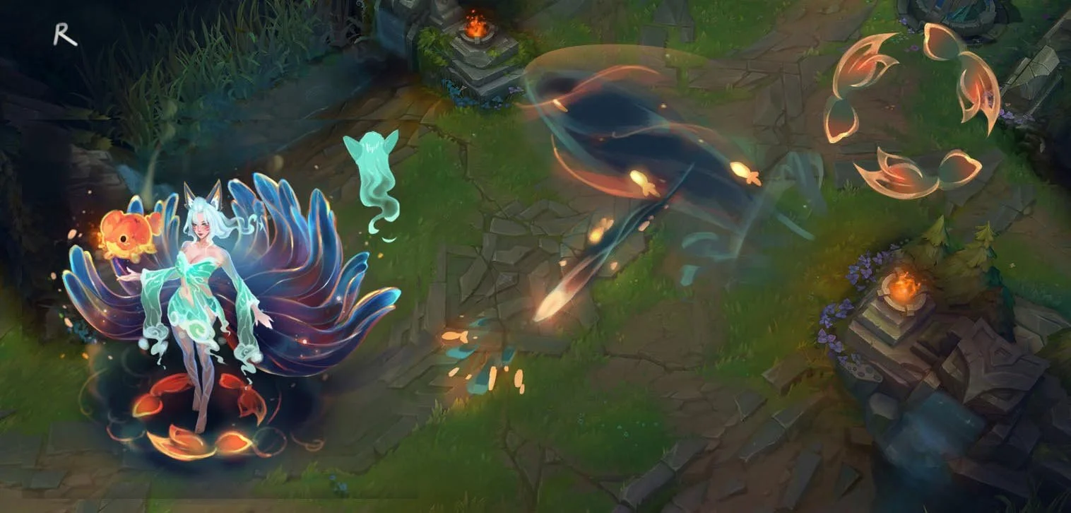 R Ability (Spirit Rush) VFX Concept - Ahri dashes forward and fires bolts, damaging nearby enemies. Spirit Rush can be cast up to three times before going on cooldown, and gains additional recasts when taking down enemy champions.