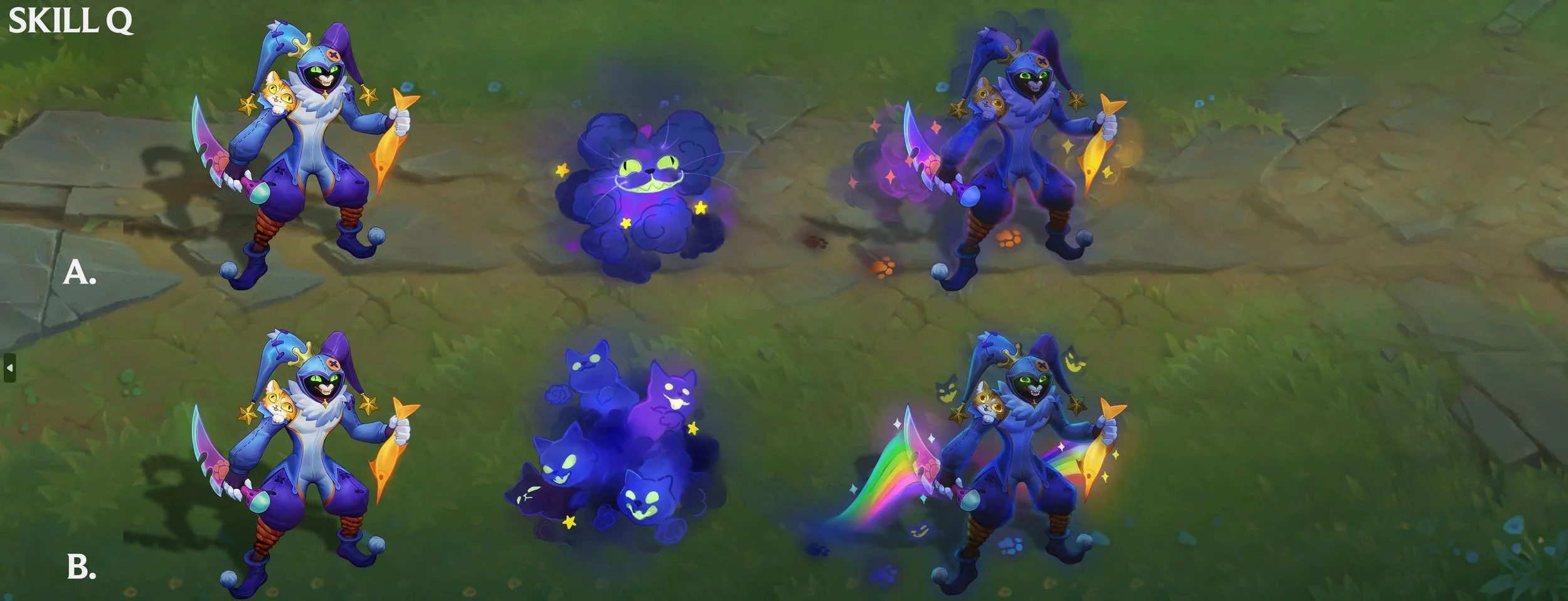 Q Ability (Deceive) VFX Concept - 
Shaco becomes Invisible and teleports to target location. His first attack while Invisible is empowered, dealing bonus damage and critically striking if he attacks from behind.