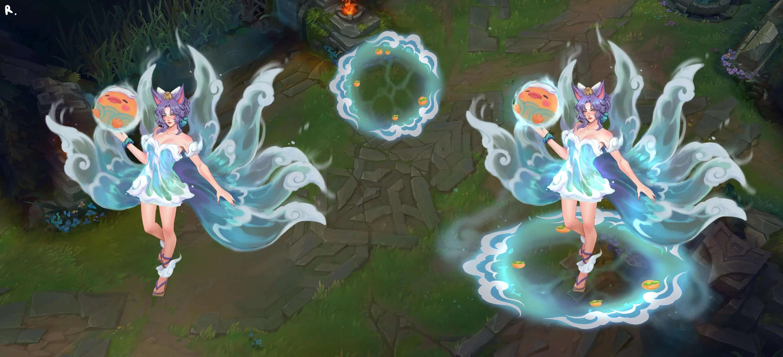 R Ability (Spirit Rush) VFX Concept - Ahri dashes forward and fires water bolts, damaging nearby enemies. Spirit Rush can be cast up to three times before going on cooldown, and gains additional recasts when taking down enemy champions.