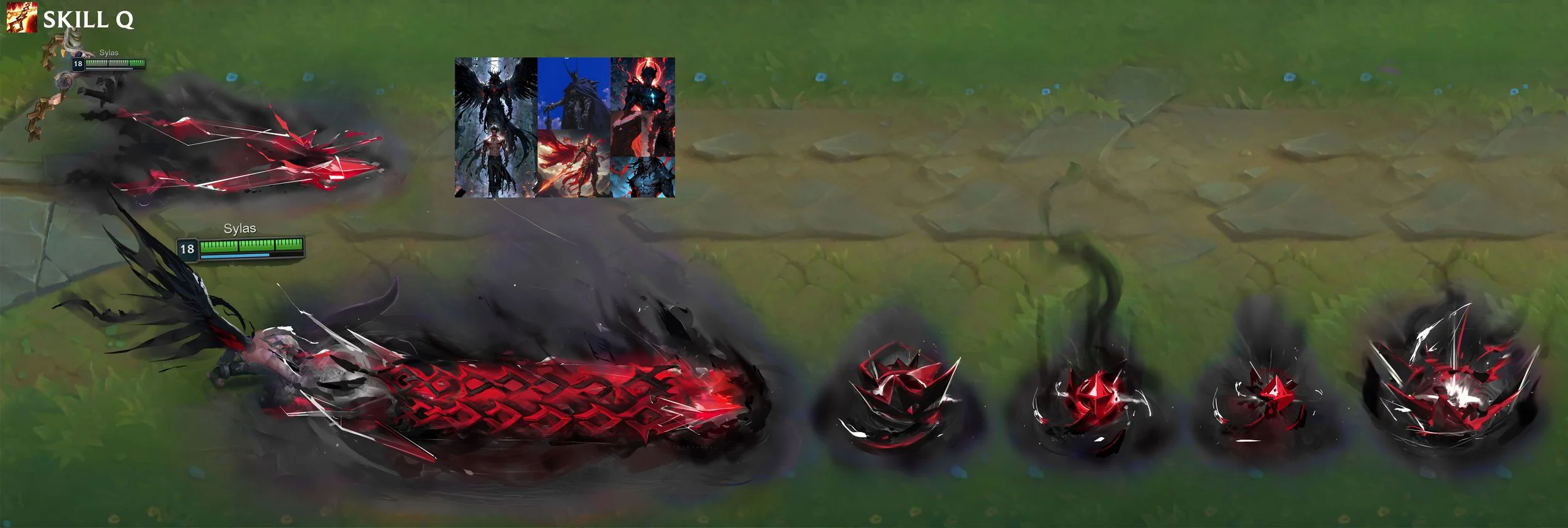Q Ability (Chain Lash) VFX Concept - Sylas lashes his chains out, intersecting at his targeted location dealing damage to and slowing enemies. After a delay, magical energy explodes from the intersection point dealing damage.