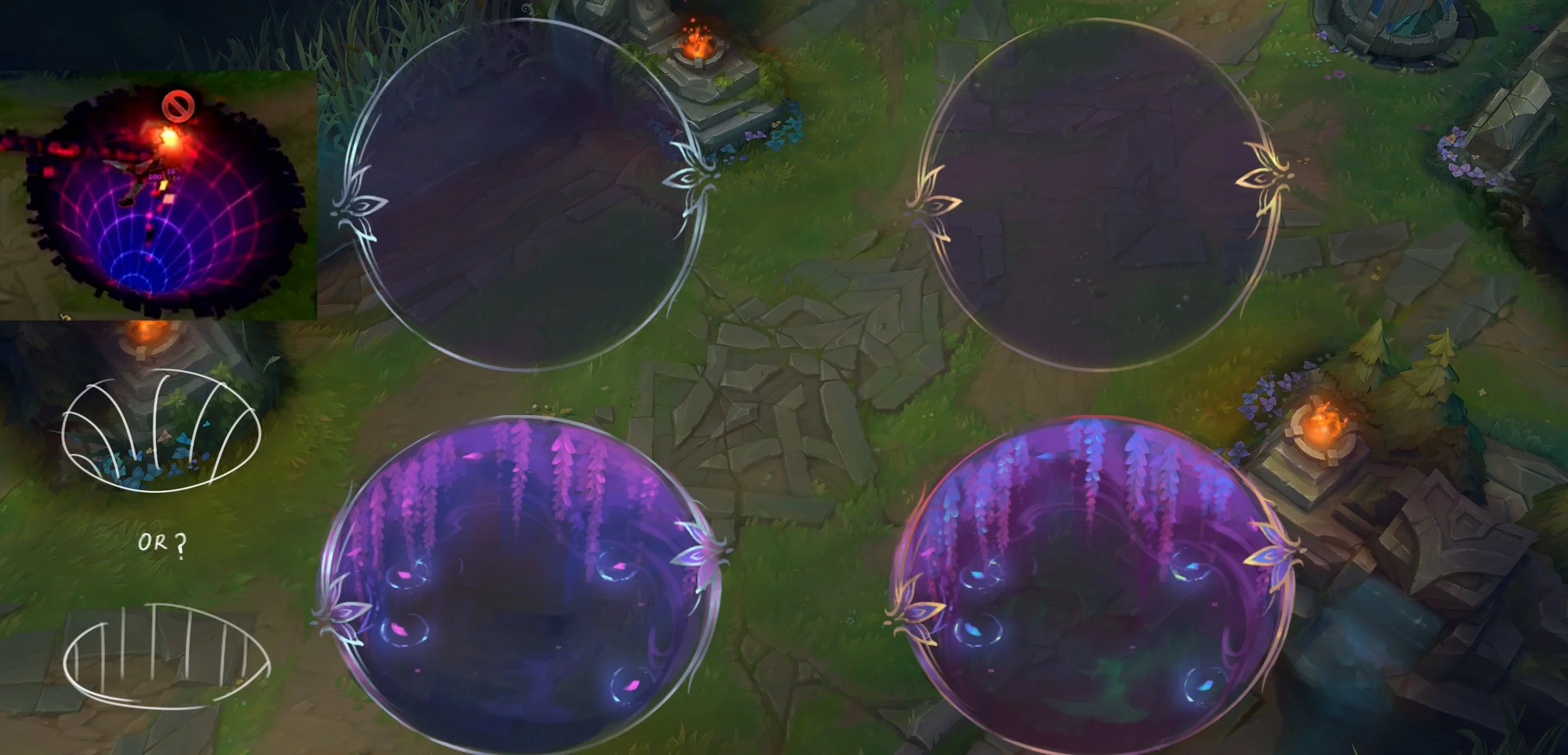 W Ability (Tormented Shadow) VFX Concept Base and Wyldbloom Forms - Morgana casts casts a cursed pool on an area, damaging enemies who dare stand in it. They receive magic damage over time, which increases the lower health they are.