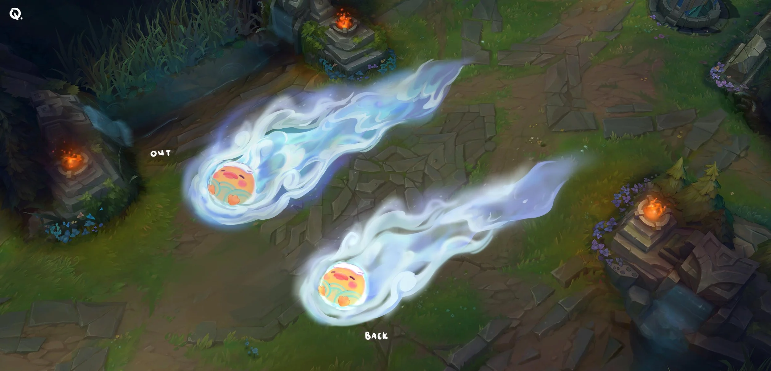 Q Ability (Orb of Deception) VFX Concept - Ahri sends out and pulls back Ducky, dealing magic damage on the way out and true damage on the way back.