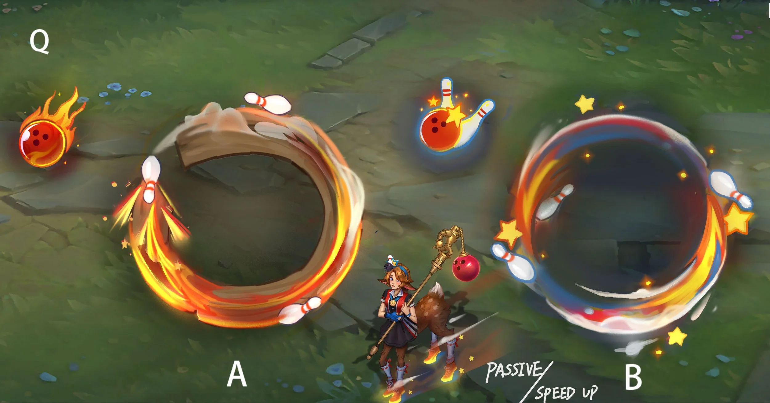 Q Ability (Blooming Blows) VFX Concept - 
Passively, Lillia gains stacking Move Speed when hitting enemies with bowling balls. She can activate this to deal magic damage to nearby enemies, dealing extra true damage on the edge.