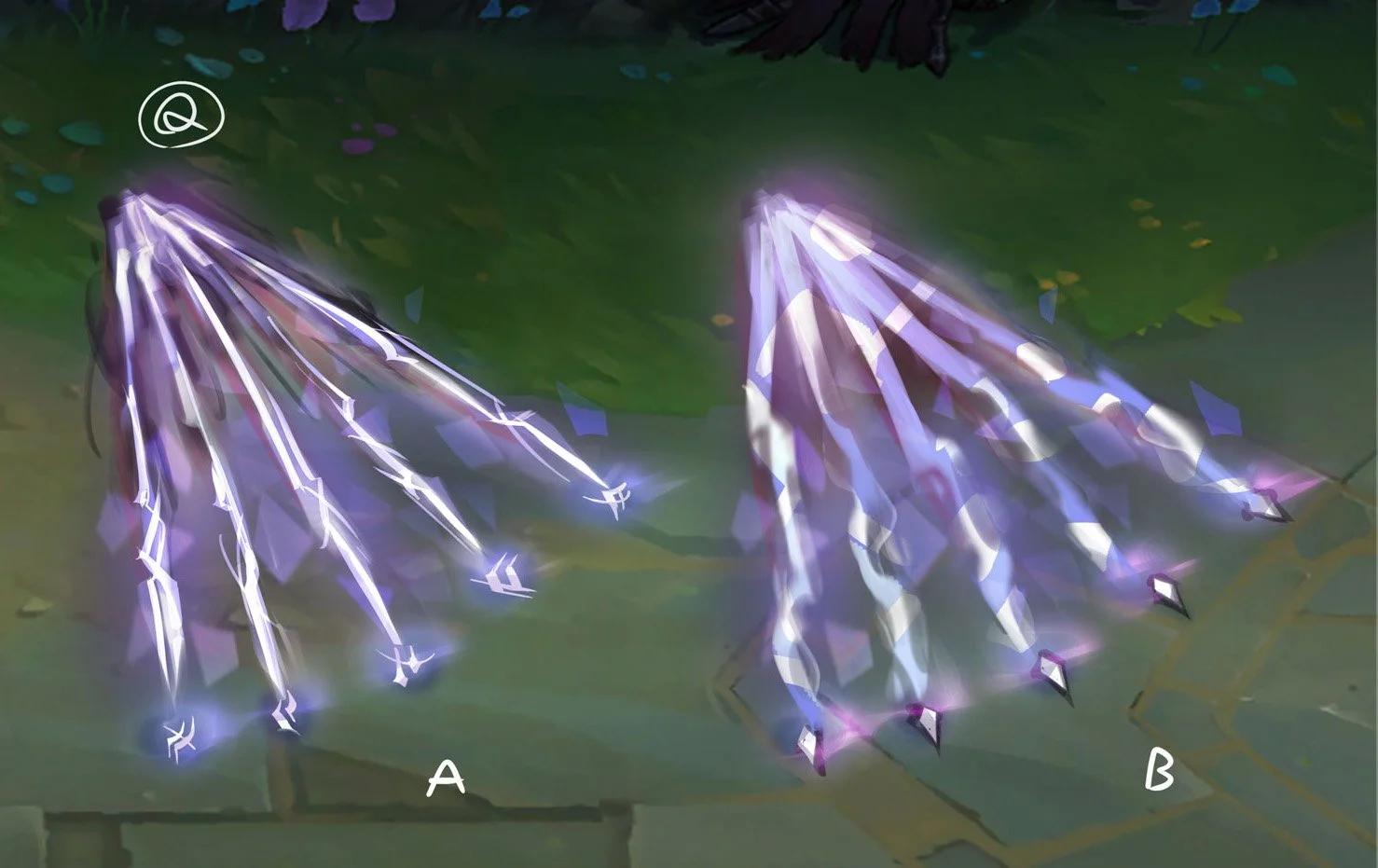 Q Ability (Death's Hand) VFX Concept- Swain unleashes several bolts of power that pierce through enemies. Enemies hit take more damage for each bolt they are struck by.