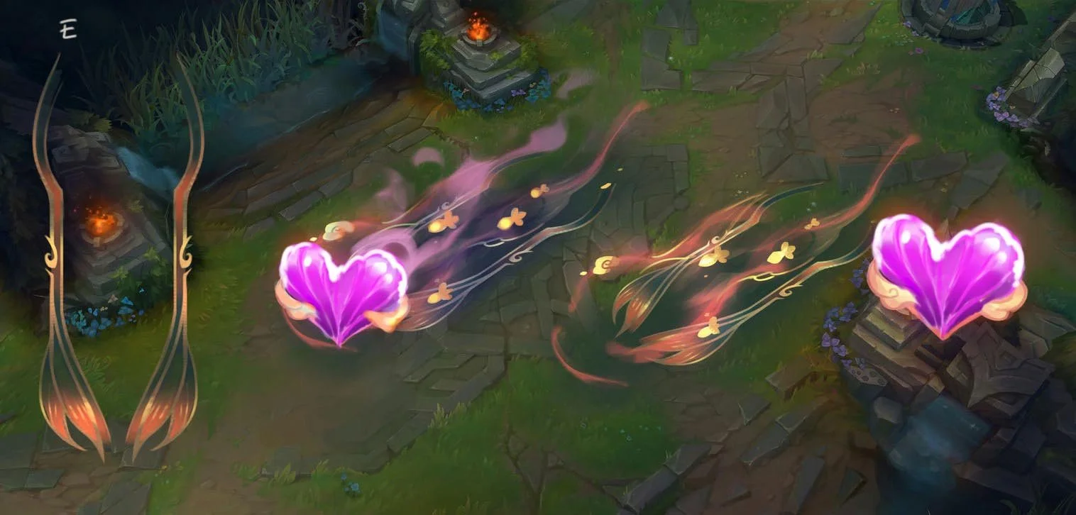 E Ability (Charm) VFX Concept - Ahri blows a kiss that damages and charms an enemy it encounters, instantly stopping movement abilities and causing them to walk harmlessly towards her.