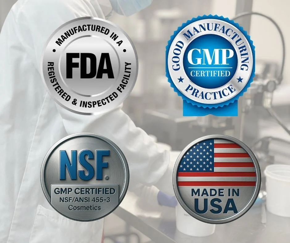 Formulated with care. Manufactured with integrity.
Our Triple Peptide Repair Serum is proudly Made in the USA, in an FDA-registered, NSF/ANSI 455-3 GMP-certified facility &mdash; meeting the highest standards in cosmetic safety and quality.
✨ Because