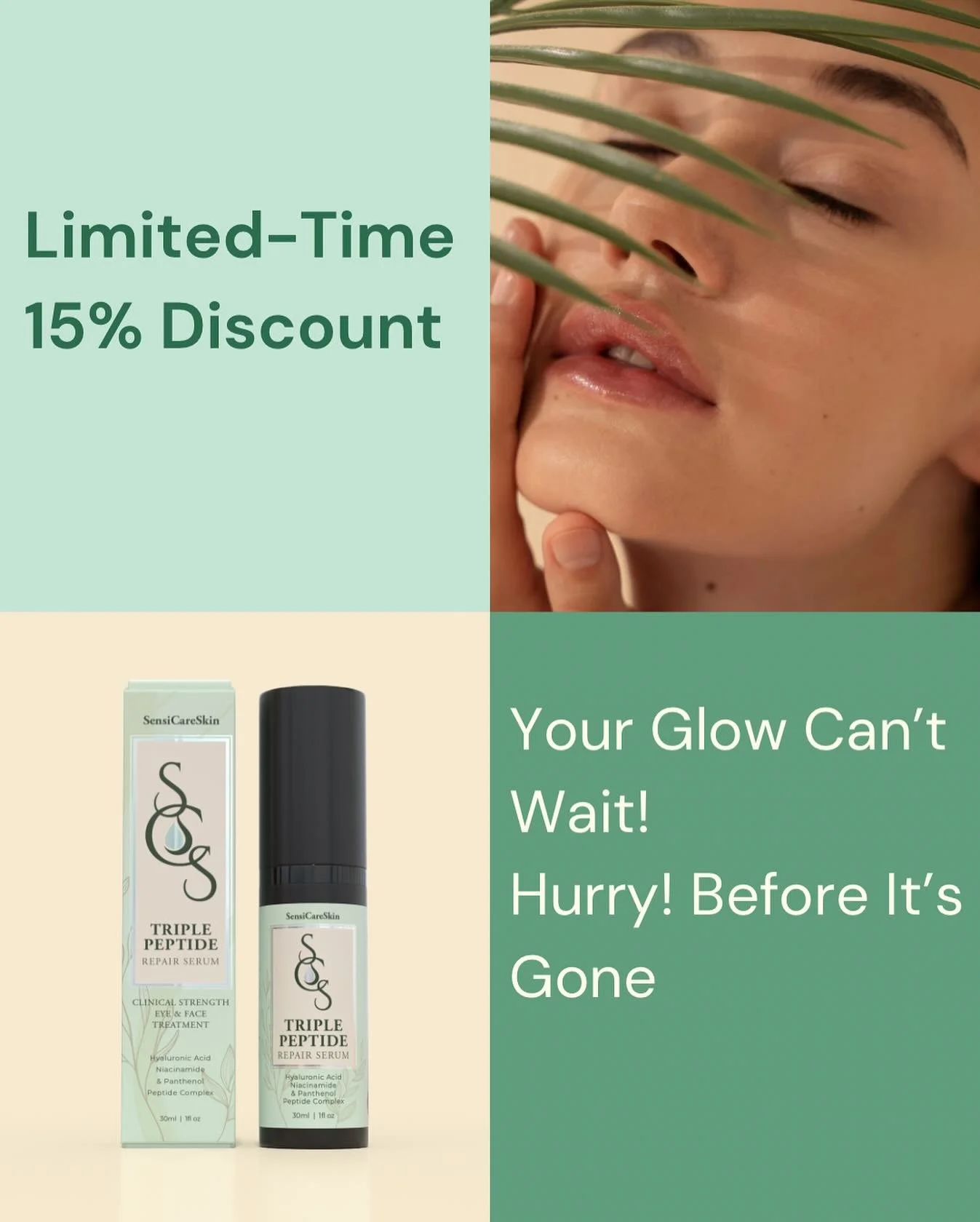 Take advantage of this limited-time offer and experience premium skincare at a great price!
✨ 15% OFF our Triple Peptide Repair Serum &mdash; Shop Now!
https://a.co/d/9vWaRgs