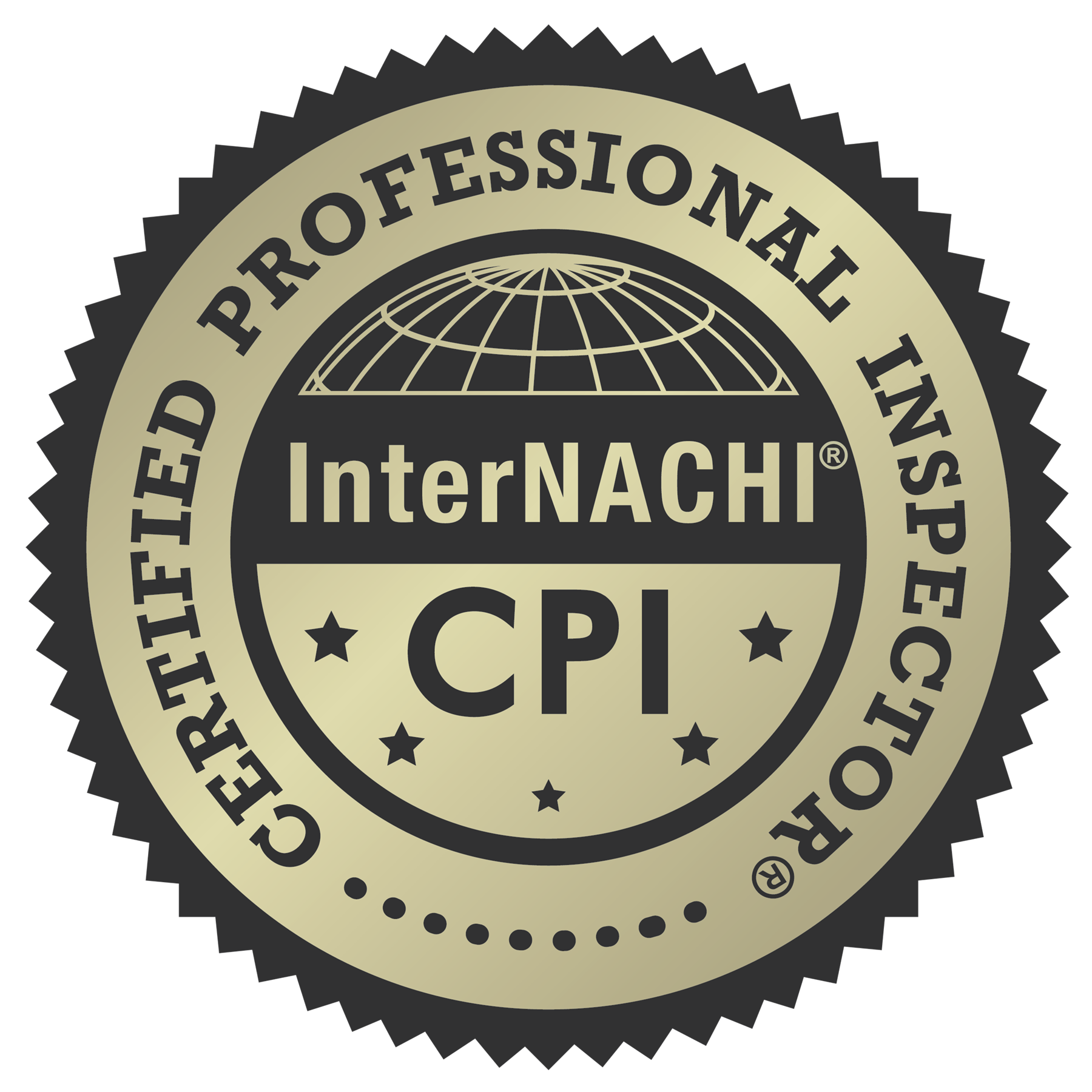 Seal with a beige background, featuring the words 'InterNACHI' and 'Certified Professional Inspector' in black, with a globe design above the text.