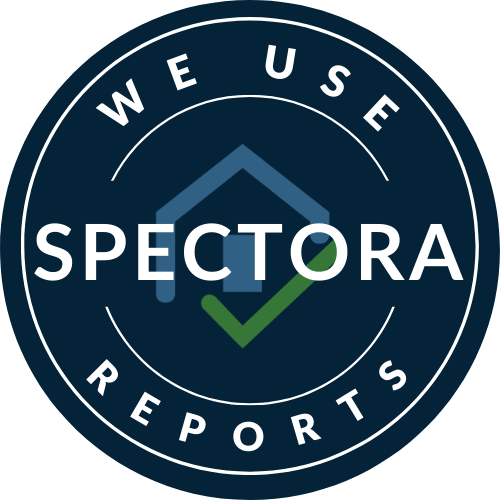 A circular logo with the words "We Use Spectora Reports" around the border. In the center is a house outline with a check mark inside, representing inspection and approval.