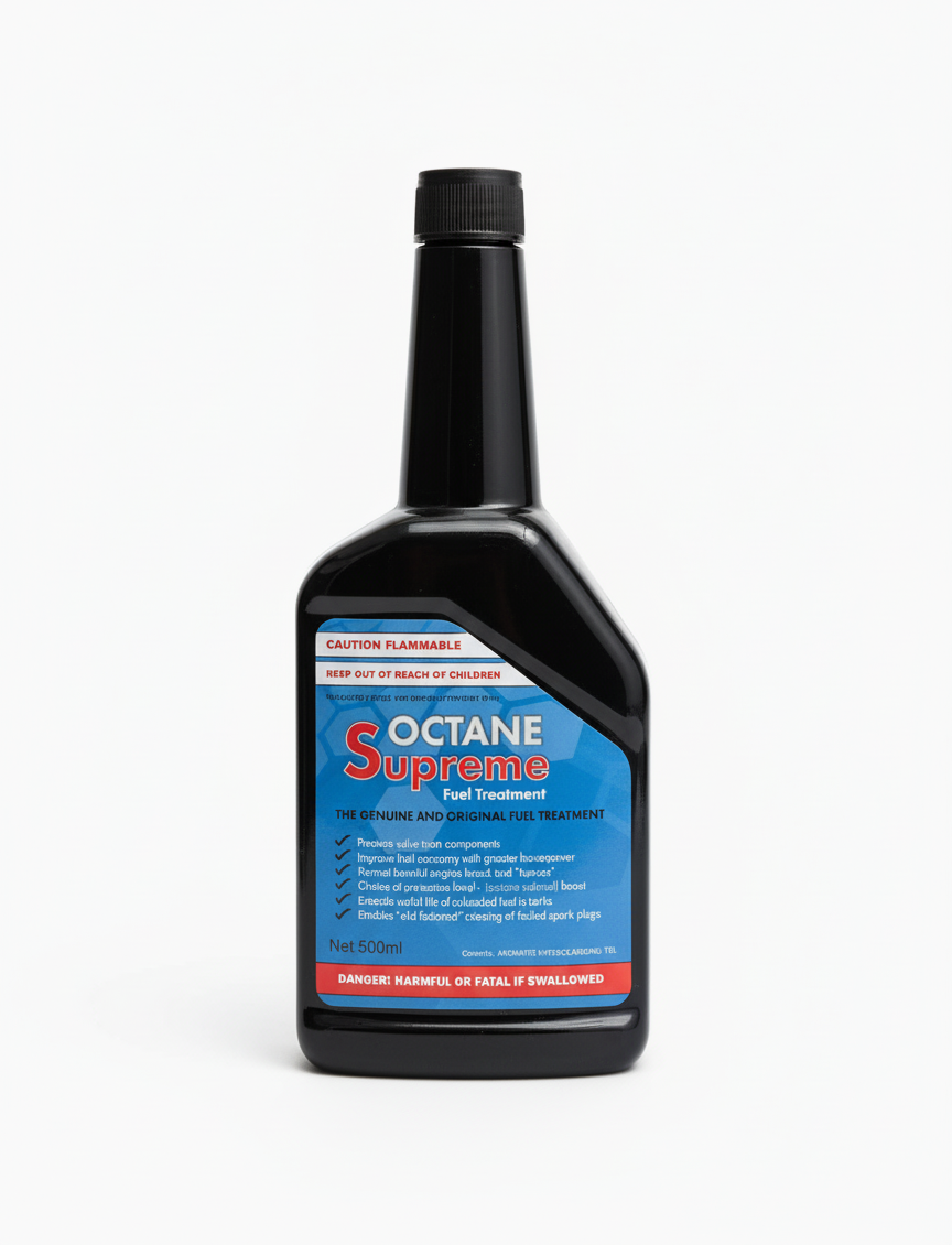 A black plastic bottle labeled "Octane Supreme Fuel Treatment" with a blue and red label, warning "Caution Flammable" and "Danger: Harmful or Fatal if Swallowed."