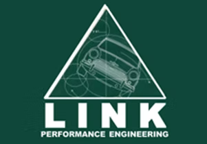 Triangular logo with technical drawings of car parts inside and the text 'LINK PERFORMANCE ENGINEERING' below.