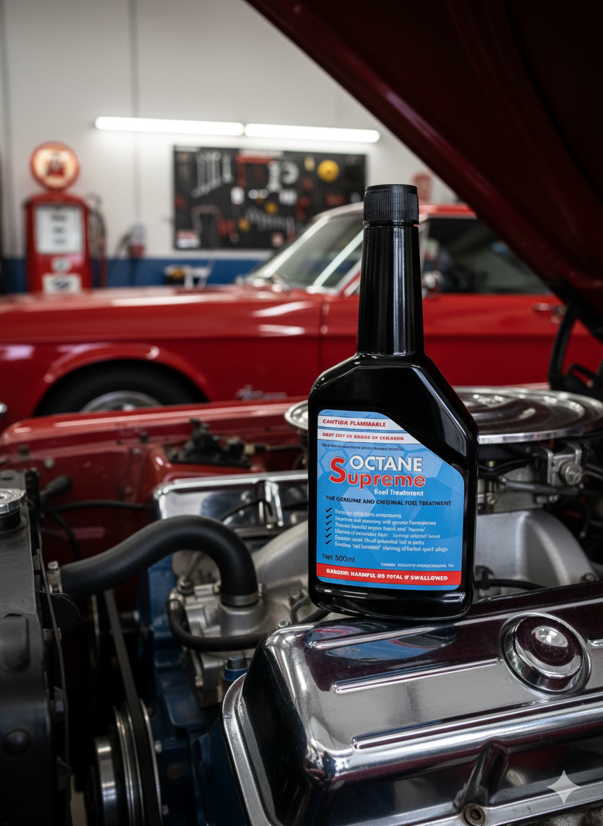 A bottle of Octane Supreme fuel treatment placed on an engine in a garage, with a red vintage car in the background.