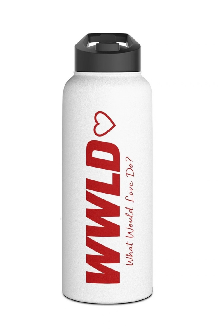 White WWLD Signature Water Bottle with red lettering and black lid