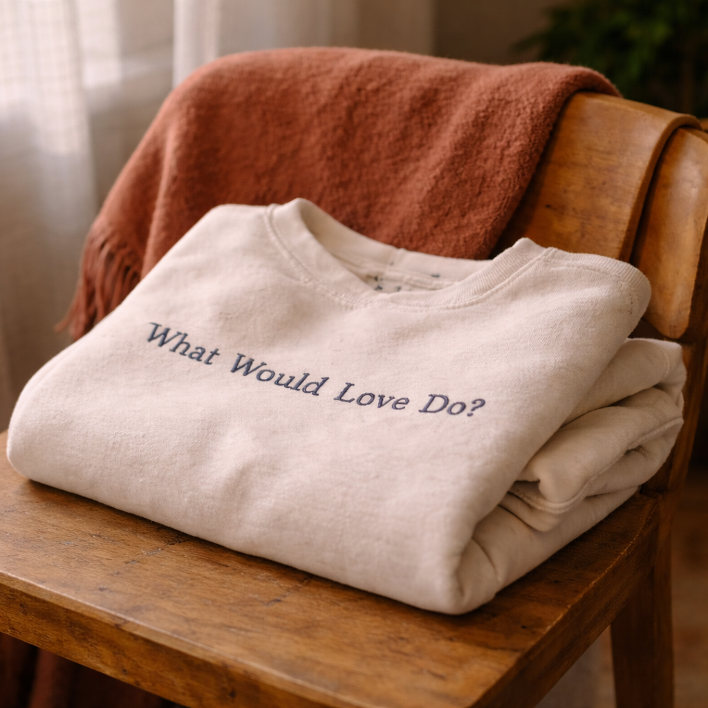 Folded beige sweatshirt with the text 'What Would Love Do?' on it, resting on a wooden chair.
